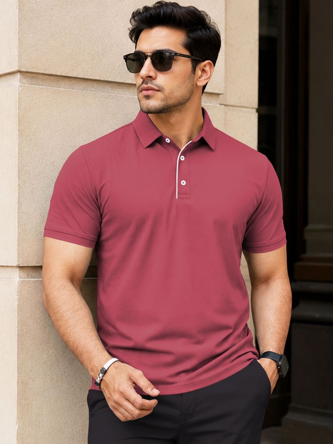 VeBNoR Men Solid Polo Collar Short Sleeves Slim Fit Casual T-shirt