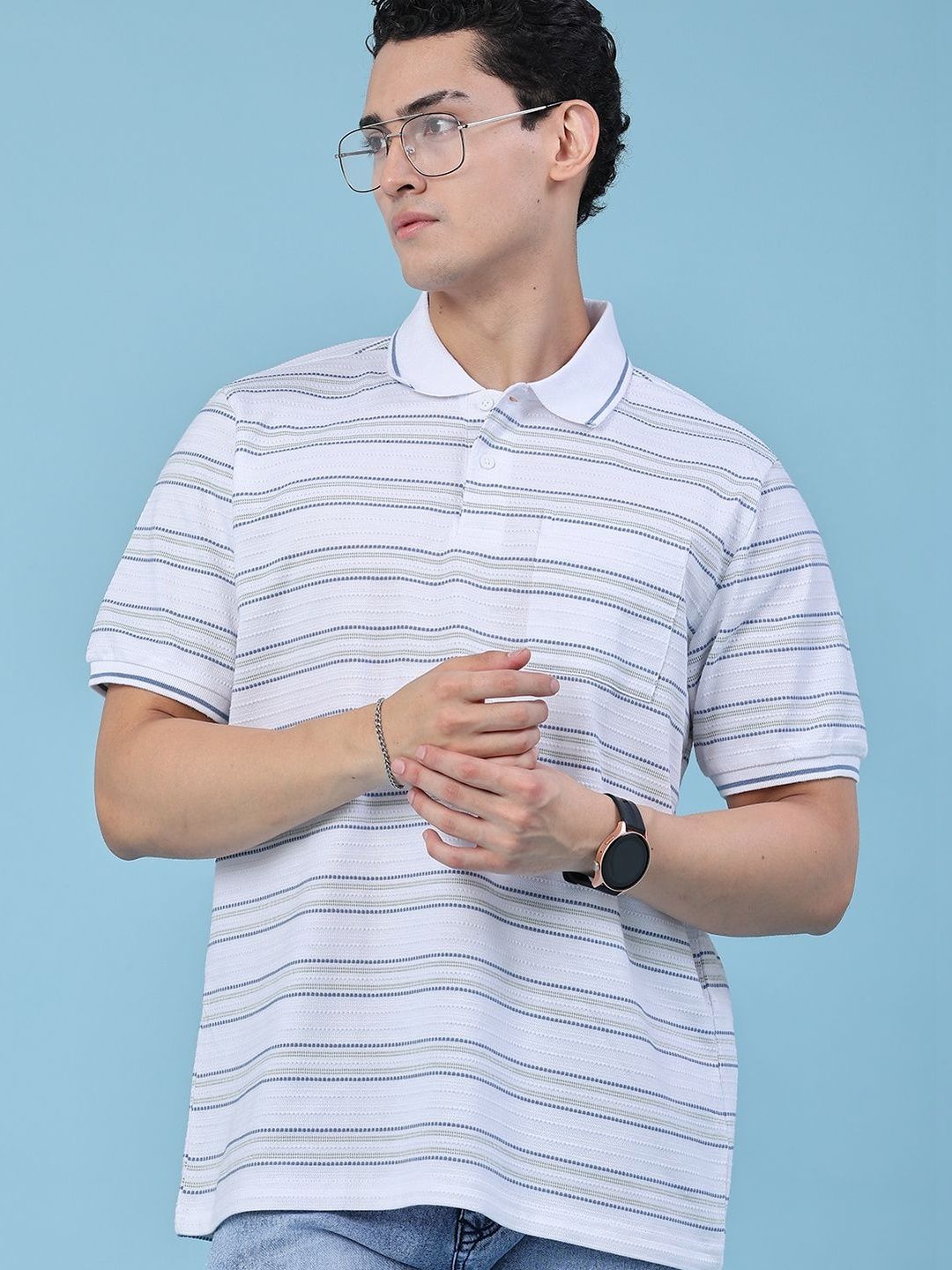 LIMEROAD Men Striped Polo Collar Pockets T-shirt