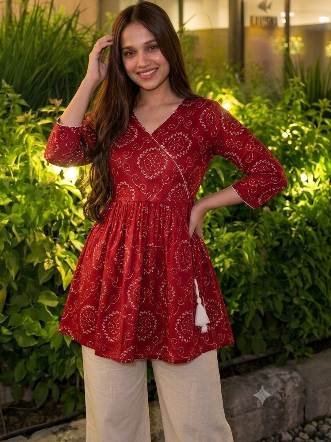 Vastrakaya Bandhani Printed V-Neck Pure Cotton Blend Angrakha Kurti