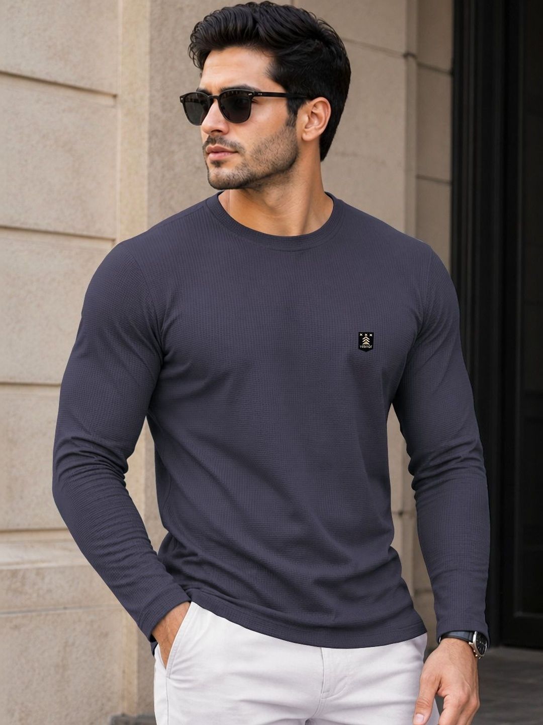 VeBNoR Men Self Design Long Sleeves Casual T-shirt