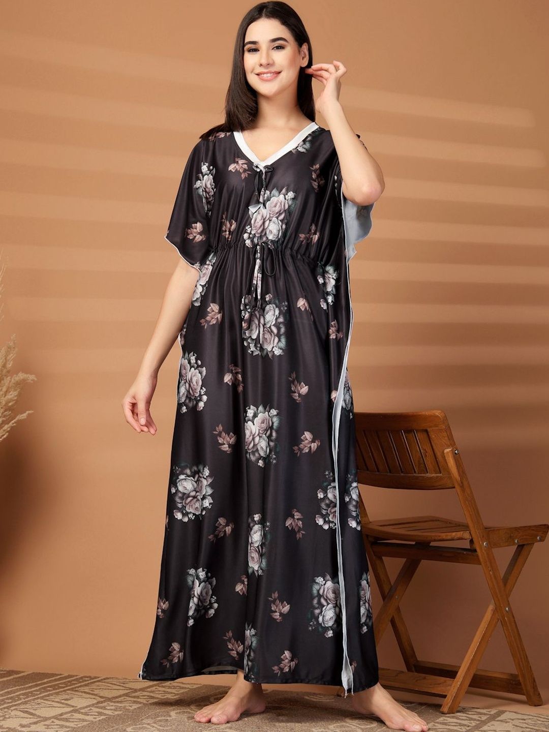 FABINALIV FABINALIV Women Black Floral Graphic Printed V-Neck Kaftan Nighty
