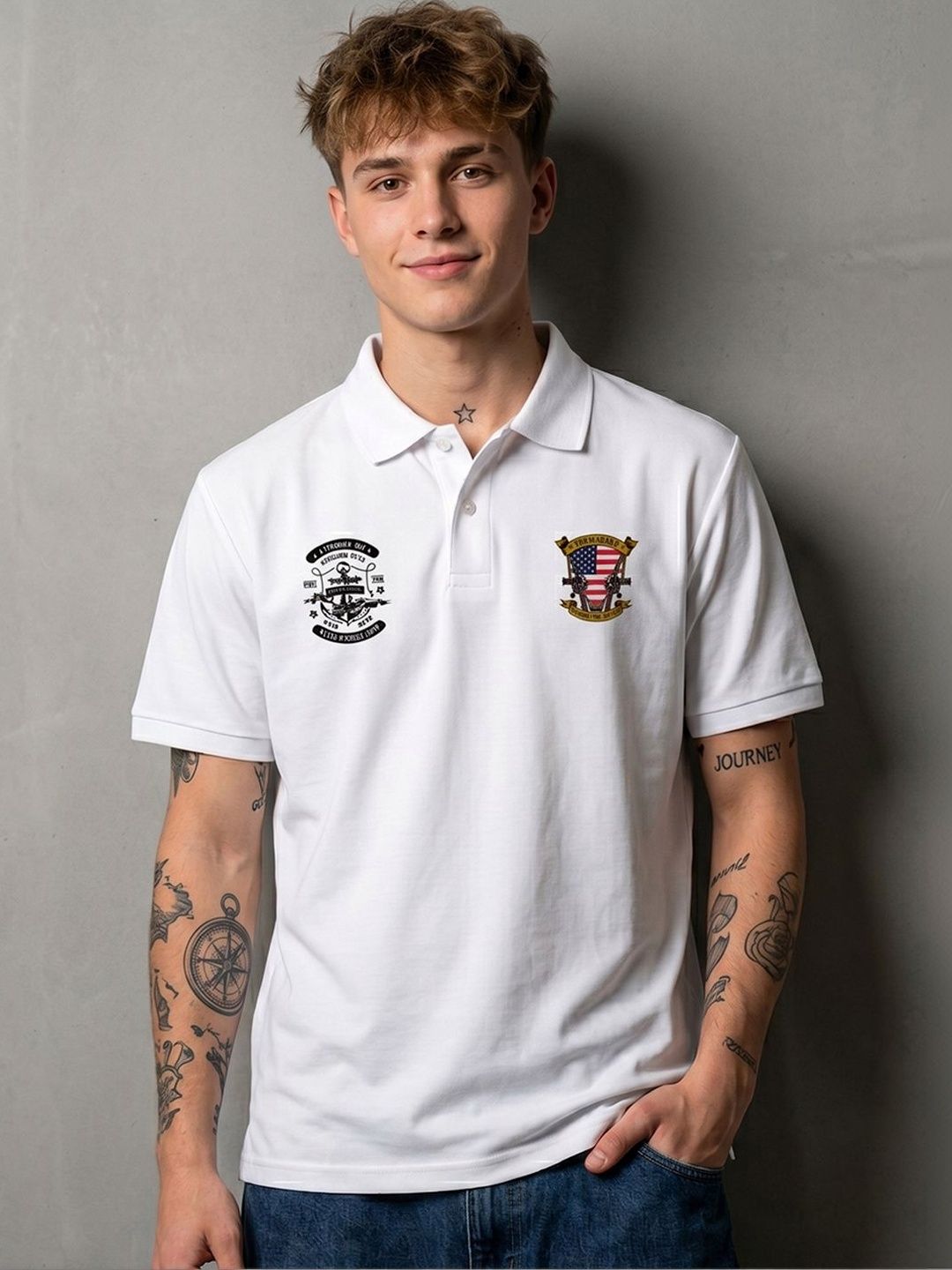 glitchez Men Printed Polo Collar Applique T-shirt