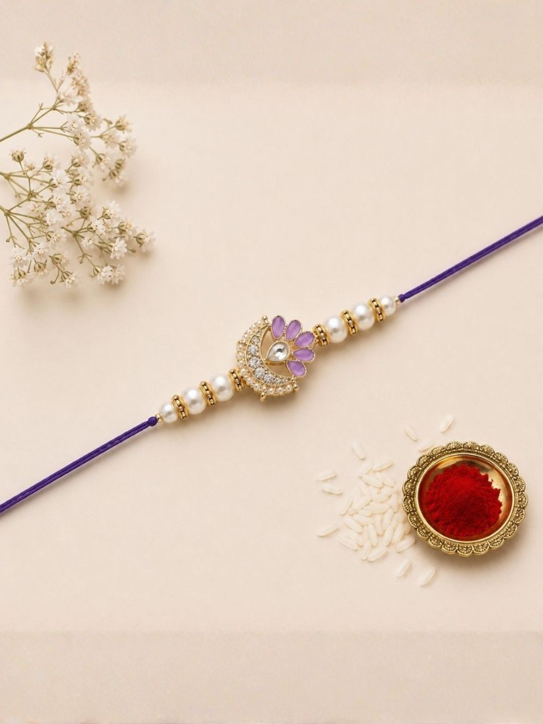 I Jewels Kundan Studded Pearl Beaded Thread Rakhi With Roli Chawal & Rakshabandhan Card