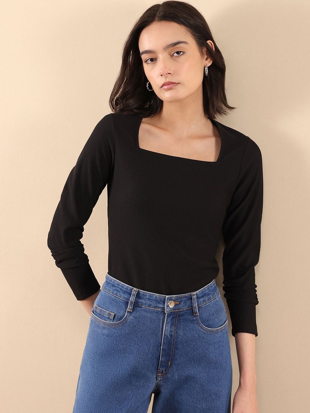 Top Solid FABLE STREET Stretchable Square Neck Top - Black