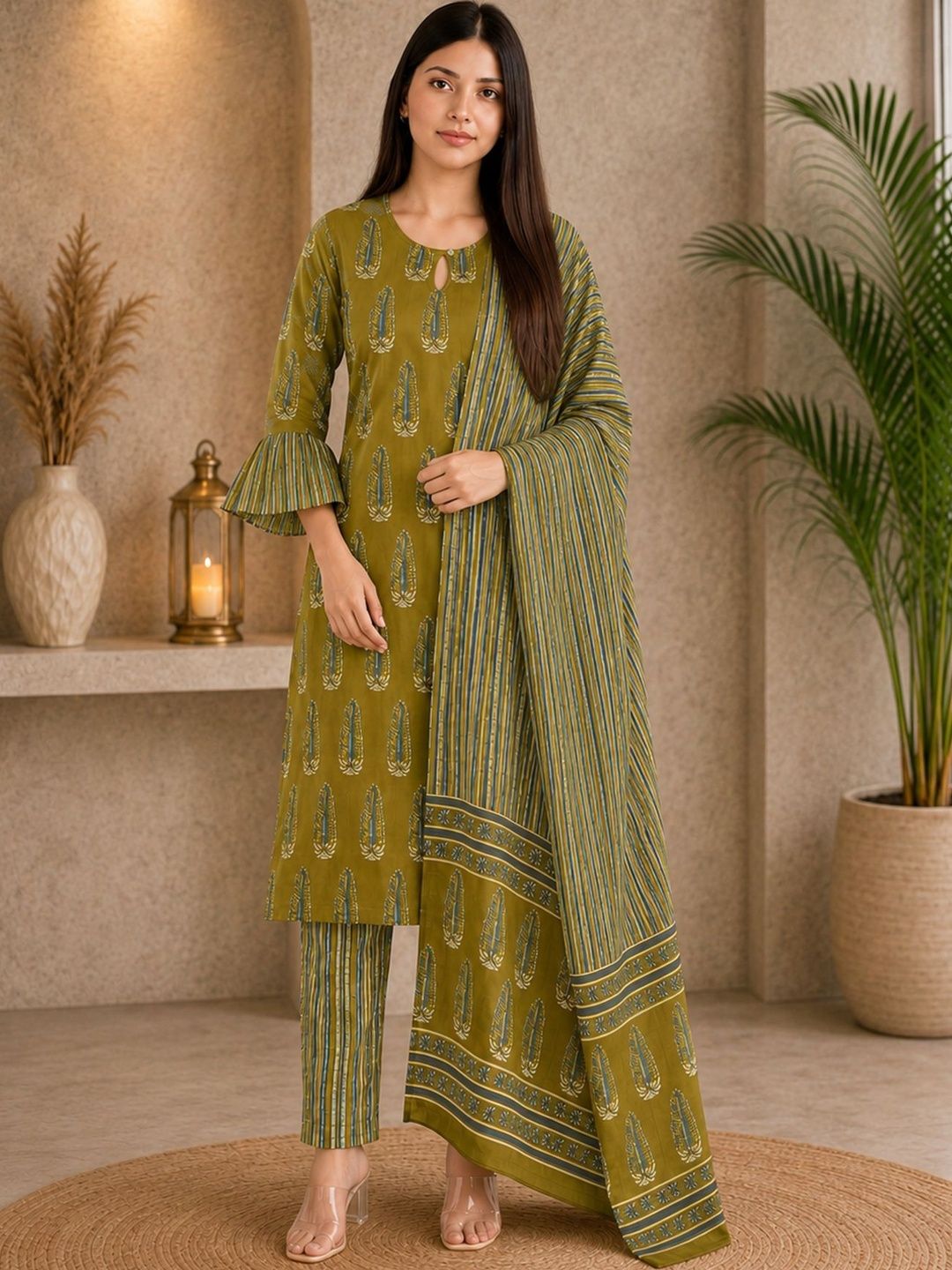 D K W D K W Women Ethnic Motifs Printed Regular Pure Cotton Kurta with Trousers & With Dupatta