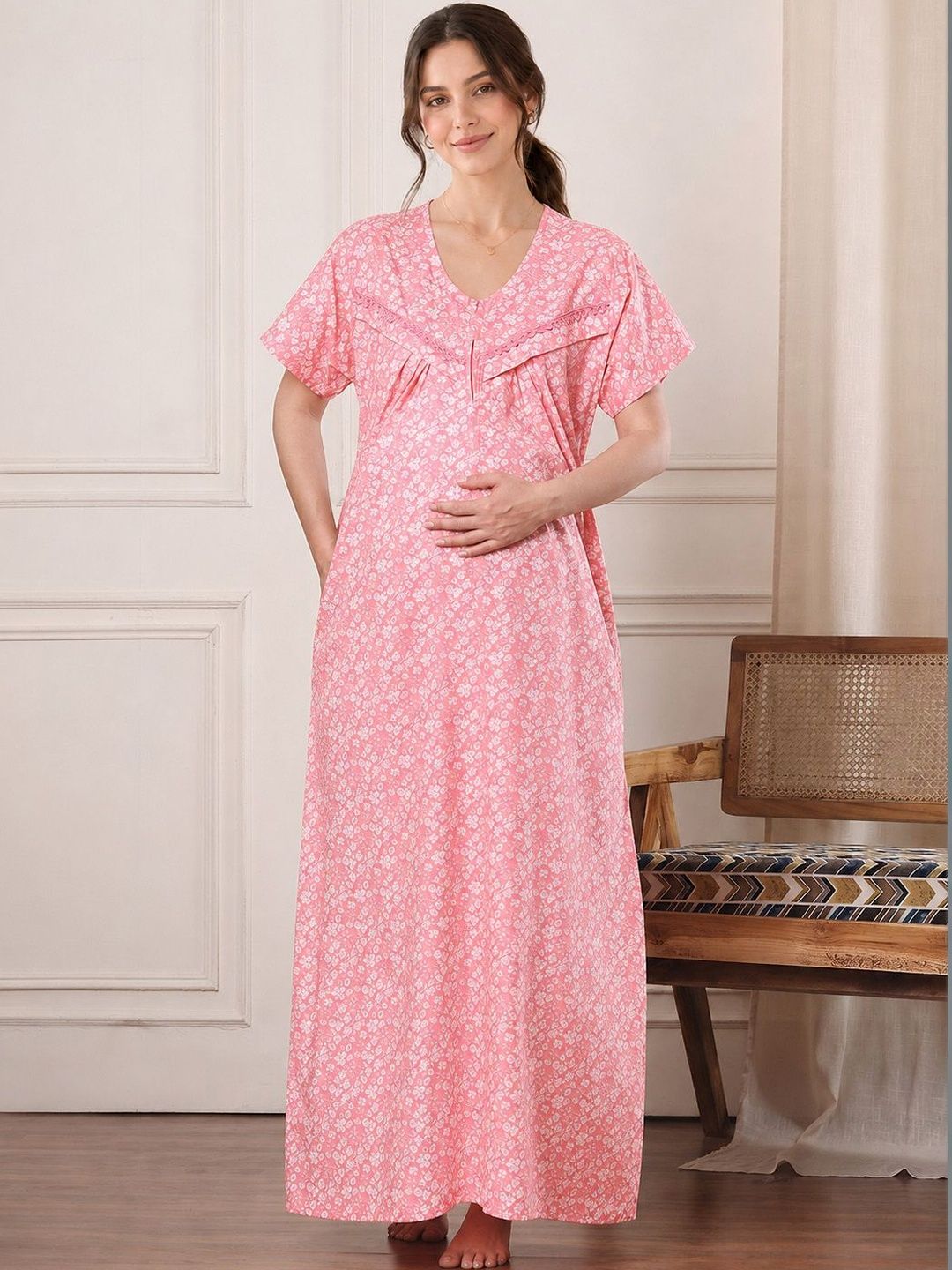 Secret Wish Women Printed Maternity Maxi Nightdress