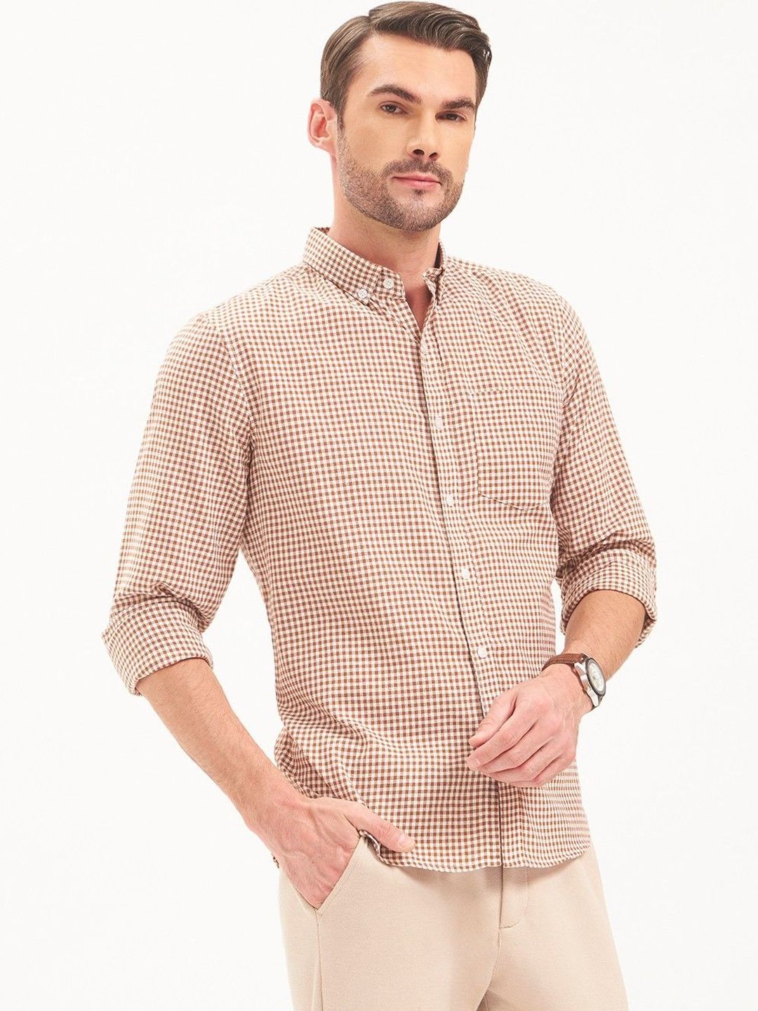 MOE&JEK Men Brown & White Check  Cotton Button Shirt