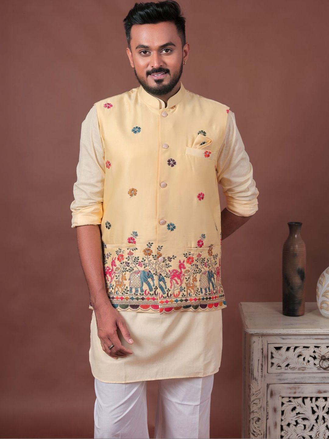 Varbandhan Men Open Front Jacket with Embroidered