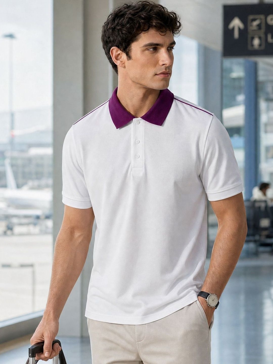 NOBERO Men Striped Polo Collar Applique T-shirt