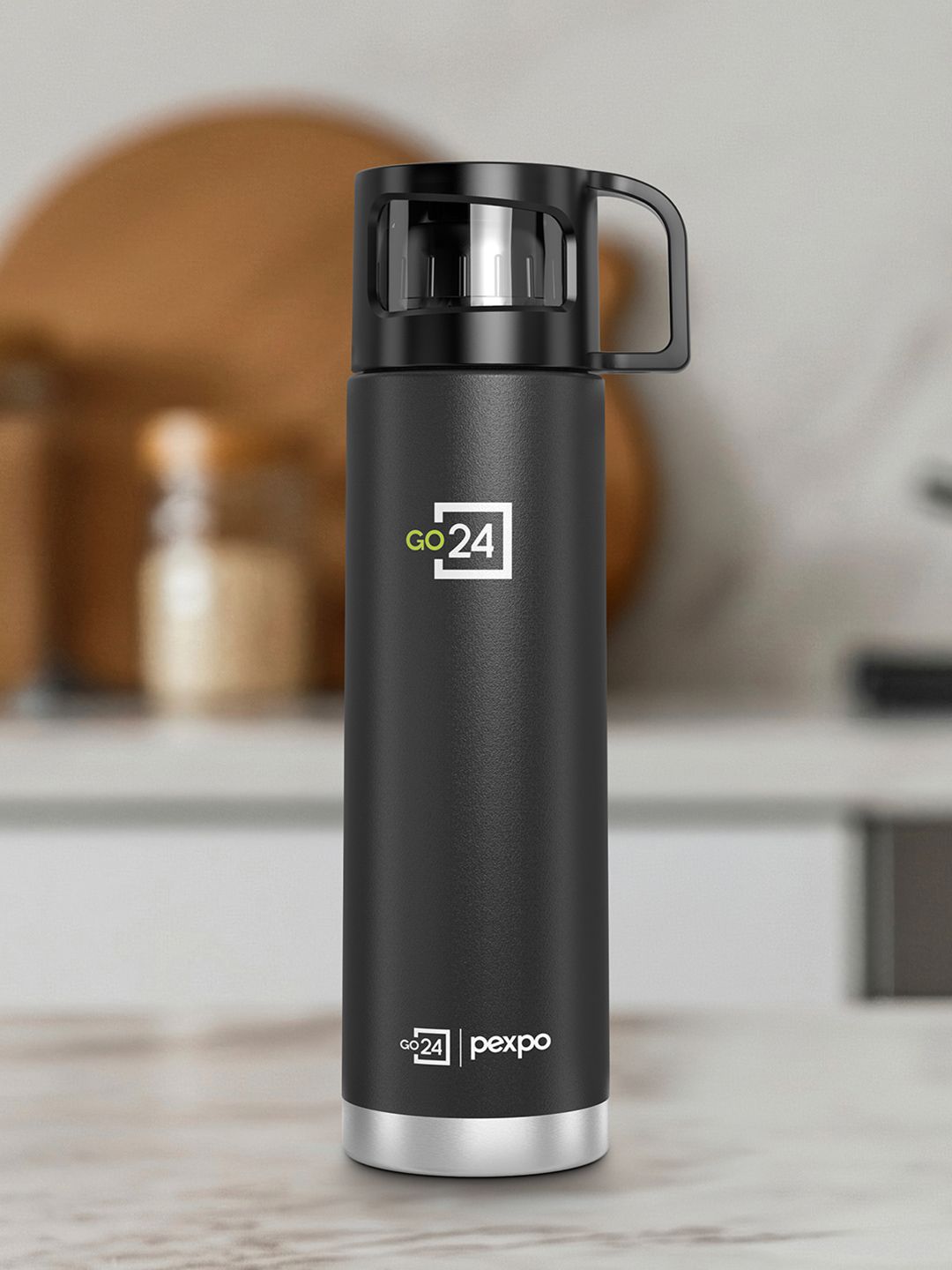 Go24 Fererro Black Solid Stainless Steel Double Wall Vacuum Flask - 1L
