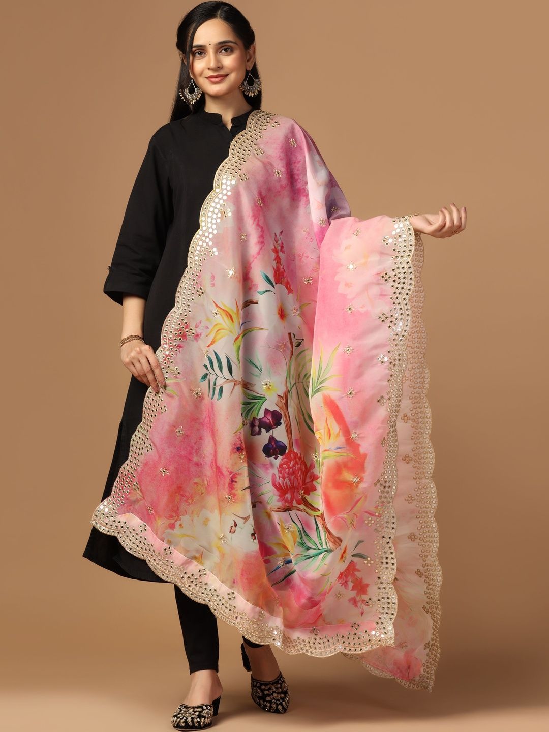 KAHIRAA WHOLETEX Printed Organza Dupatta with Mirror Work