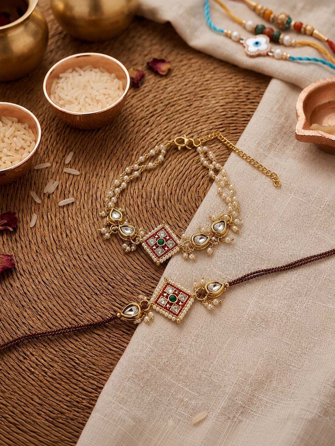 SHONA'S STYLE Zircon Thread and Bracelet Bhaiya Bhabhi Rakhi Set with Roli Chawal