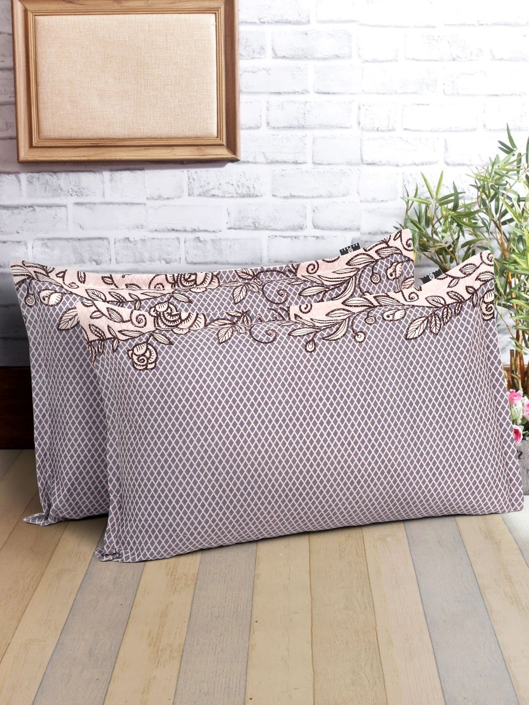 Myntra Elegant Homes Myntra Elegant Homes Brown & Cream-Coloured 2 Pieces Floral Cotton Linen Blend Rectangle Pillow Covers