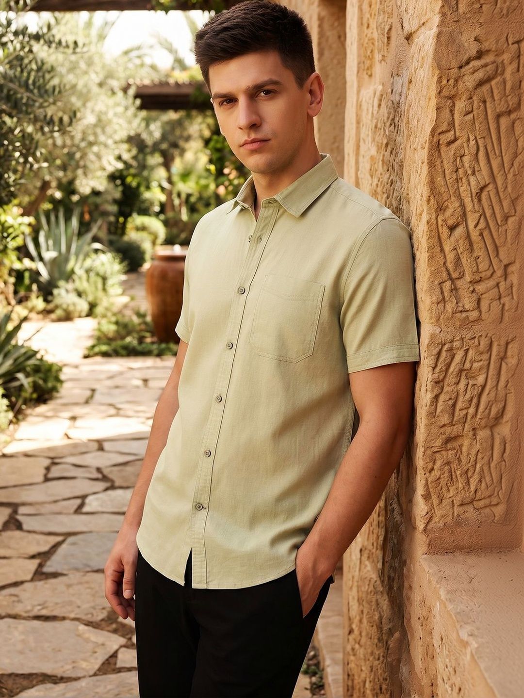 Thomas Scott Men Spread Collar Linen Casual Shirt
