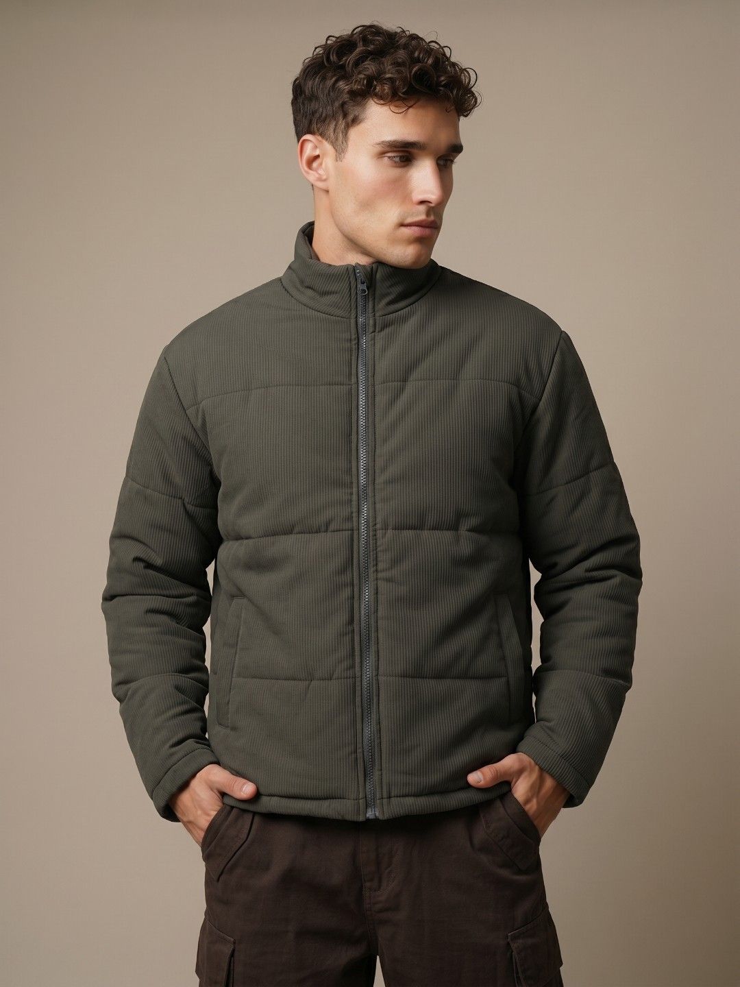 glitchez Ribbed Mock Collar Puffer Jacket