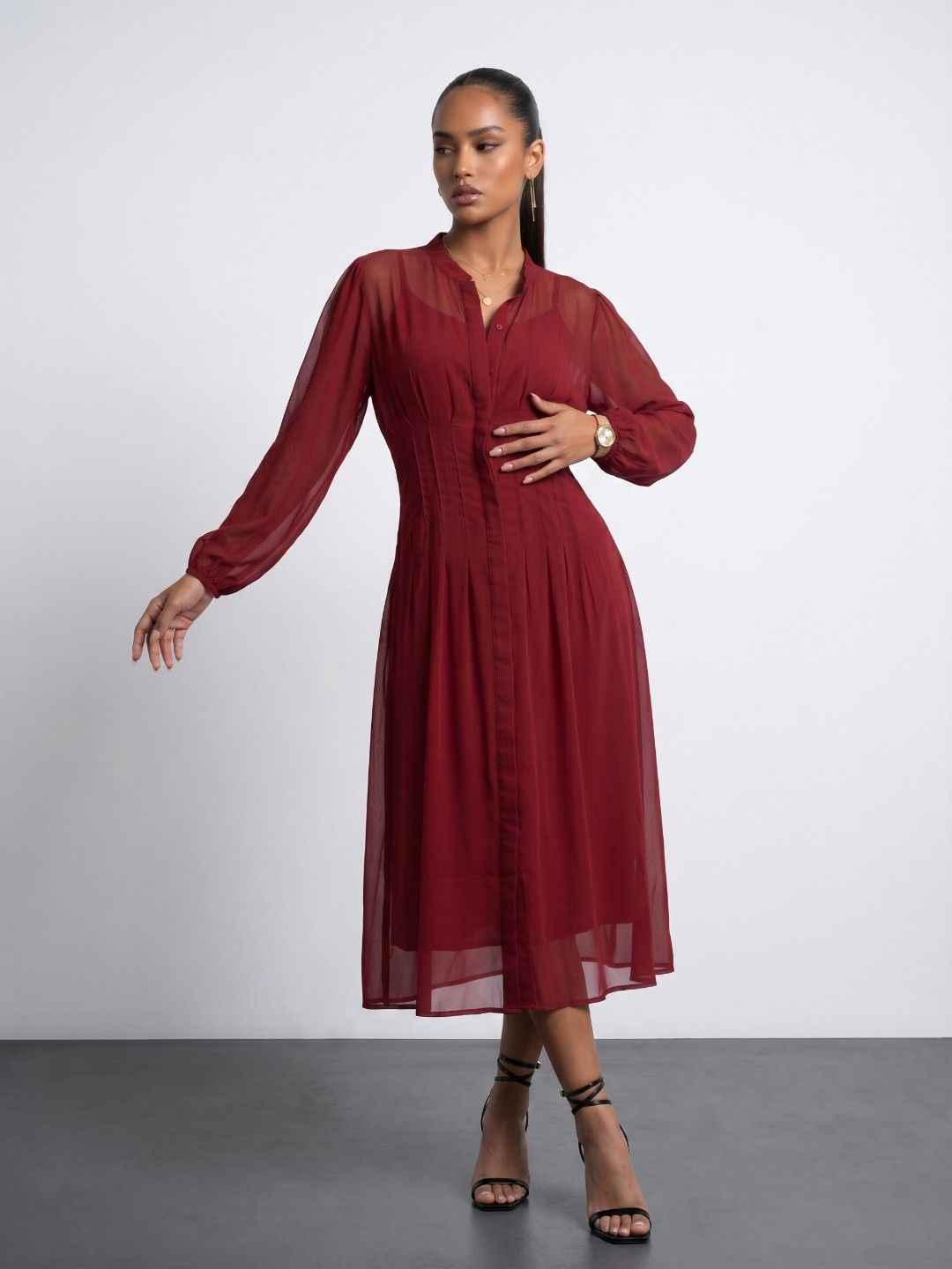Phosphorus Puff Sleeve Pleated A-Line Midi Dress With Inner Slip