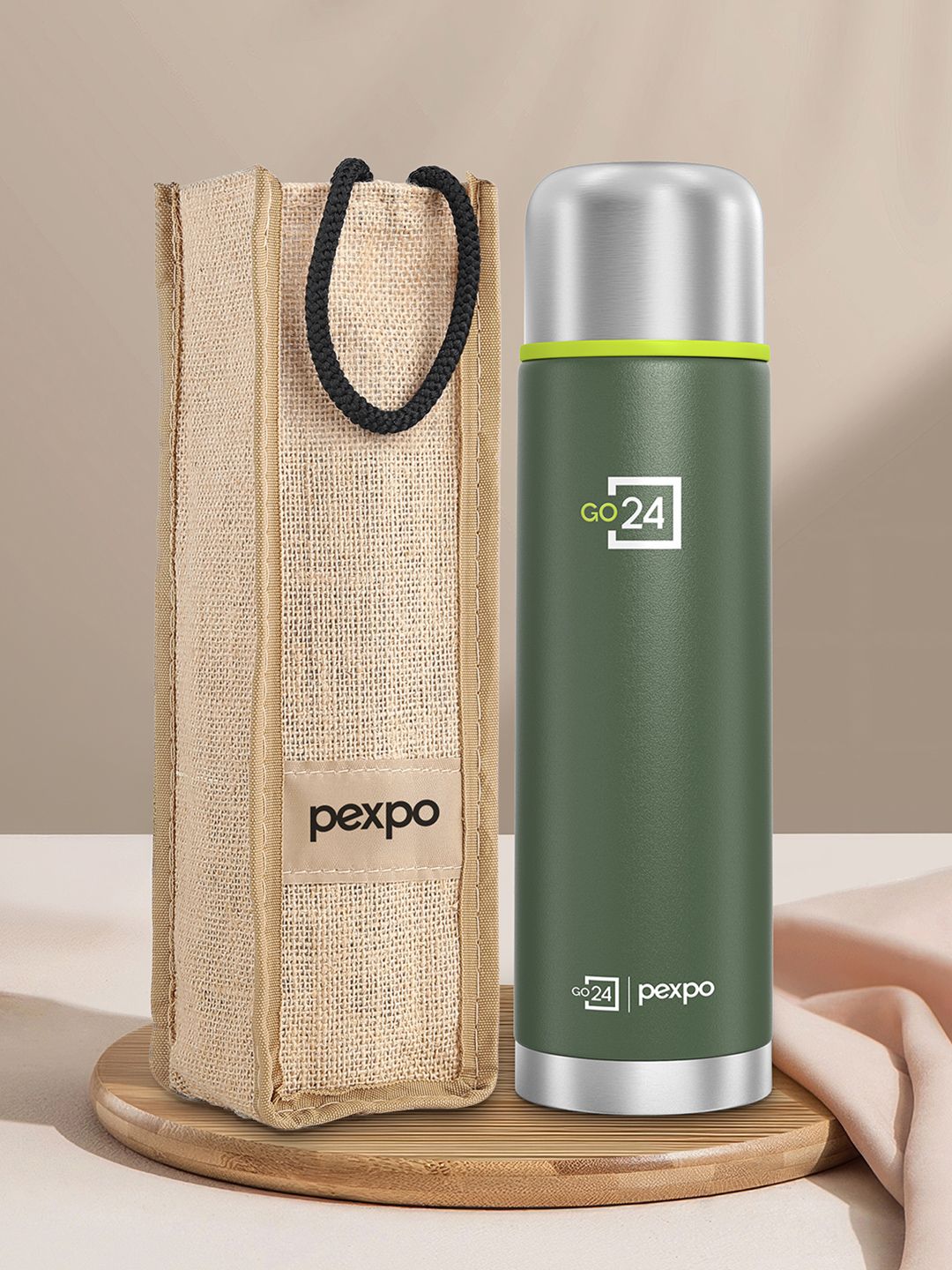 Go24 Flamingo Green Solid Stainless Steel Spill Proof Flask - 1L