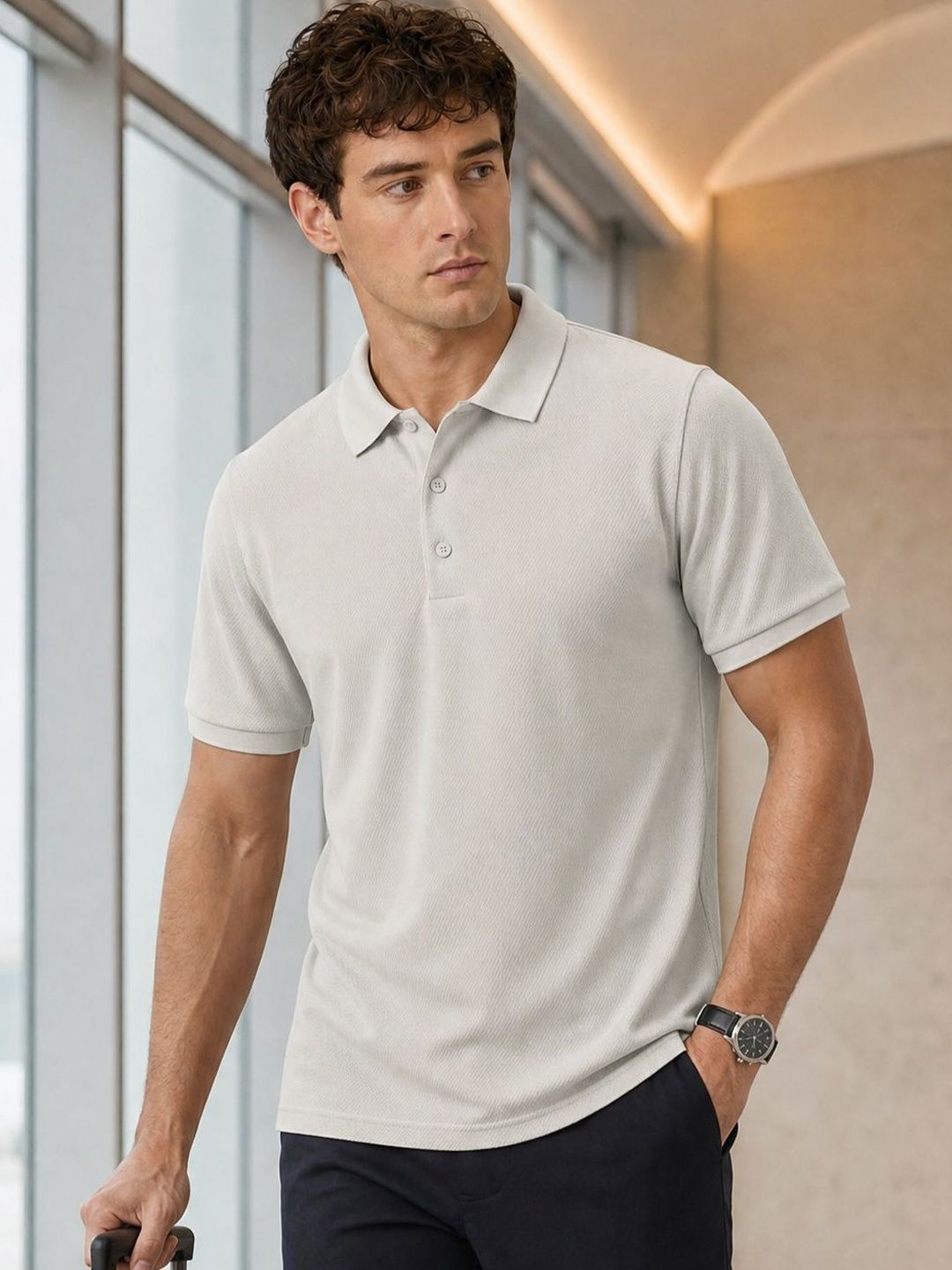 NOBERO Men Solid Polo Collar Cotton T-shirt