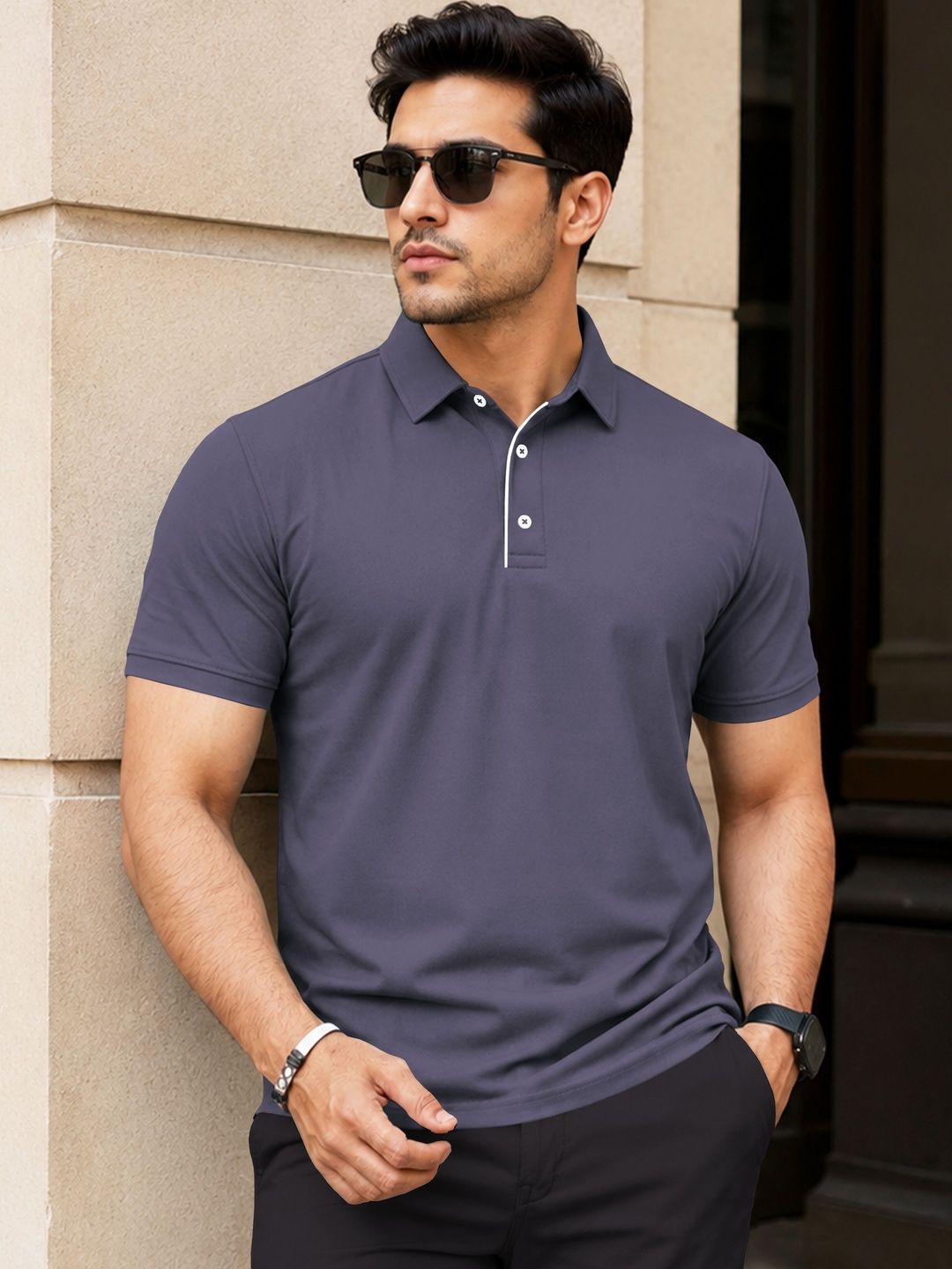 VeBNoR Men Solid Polo Collar Short Sleeves Slim Fit Casual T-shirt