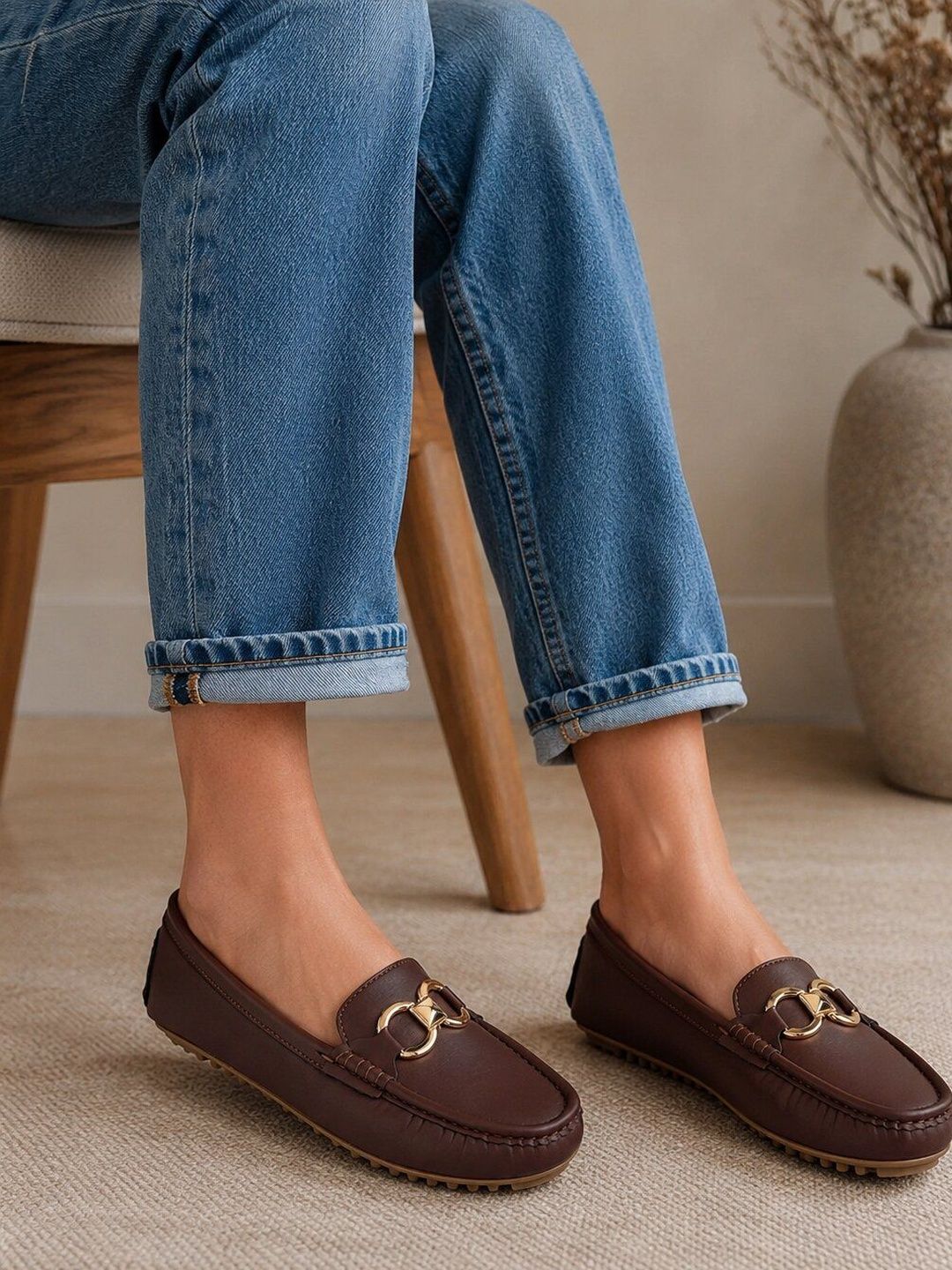 San Frissco Women Lightweight Bordo Leatherette Buckle Accent Comfortable Loafers