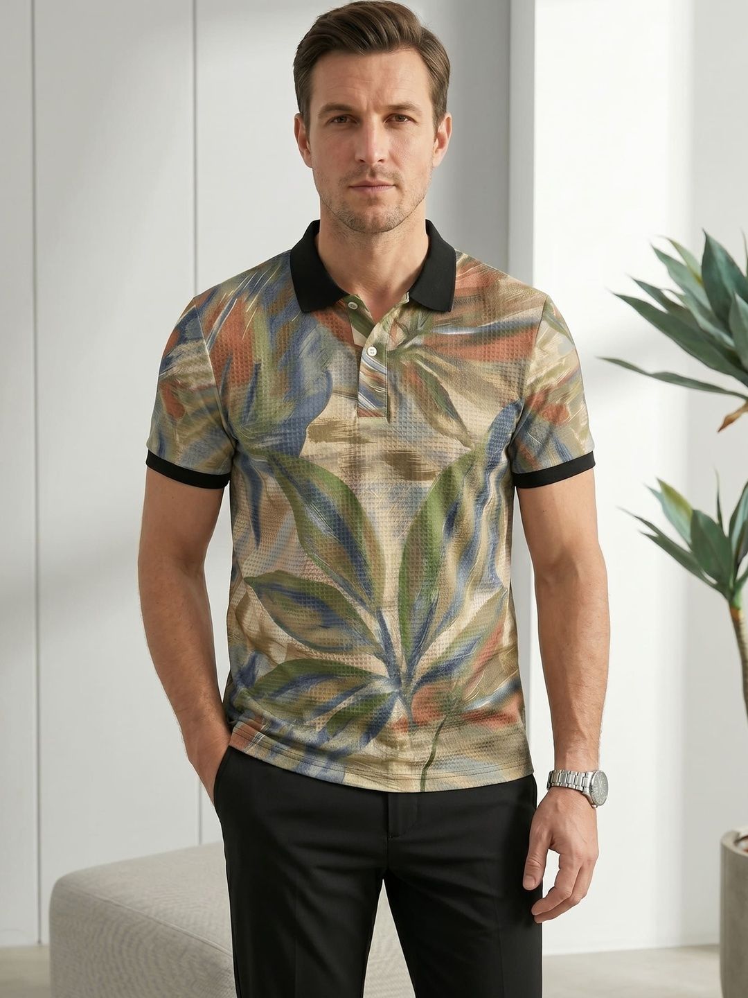Tshirts Buddy Men Floral Printed Polo Collar Tropical T-shirt