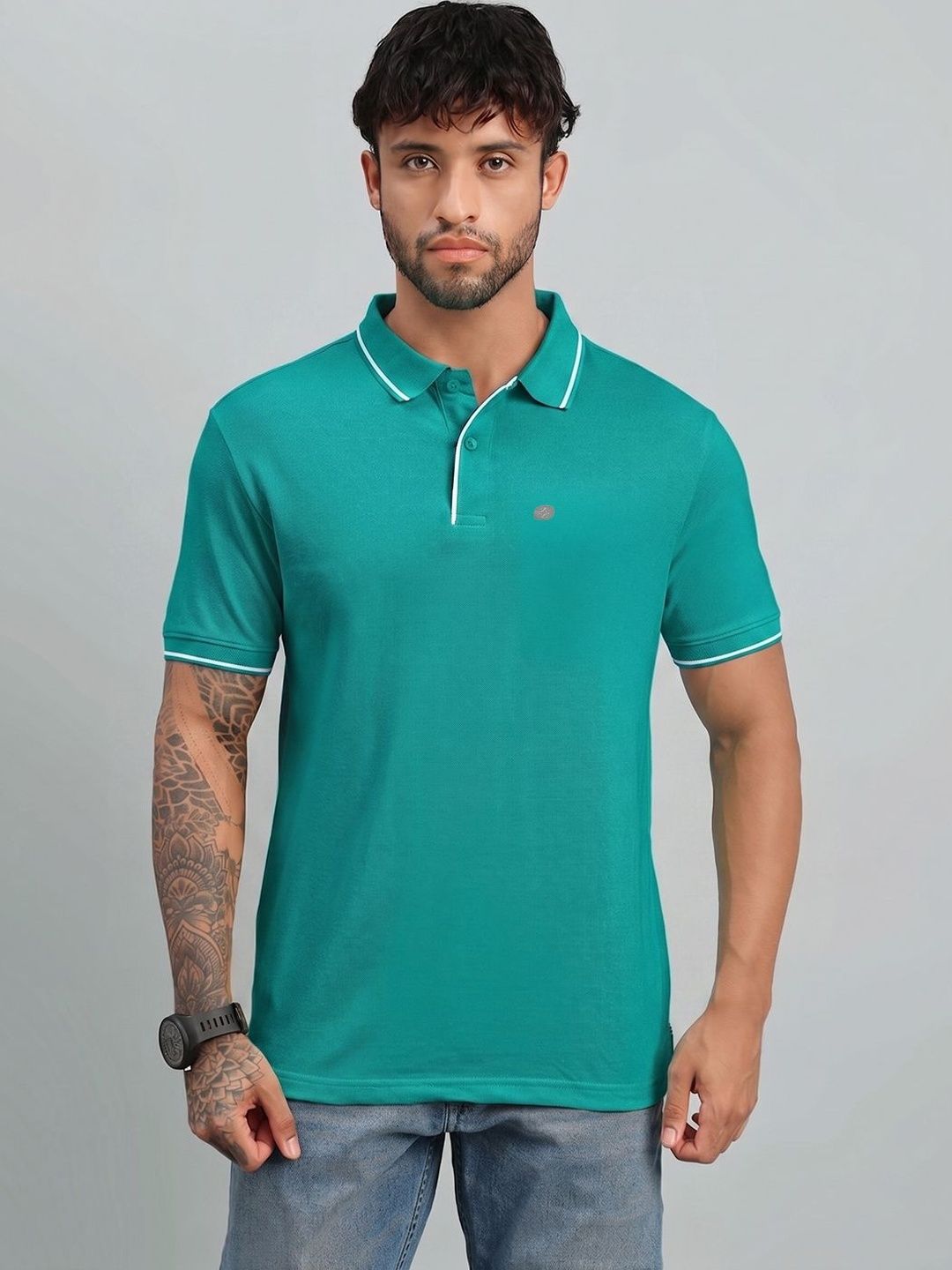 LUX NITRO Solid Cotton Blend Ribbed Sleeve Side Slit Polo T Shirt