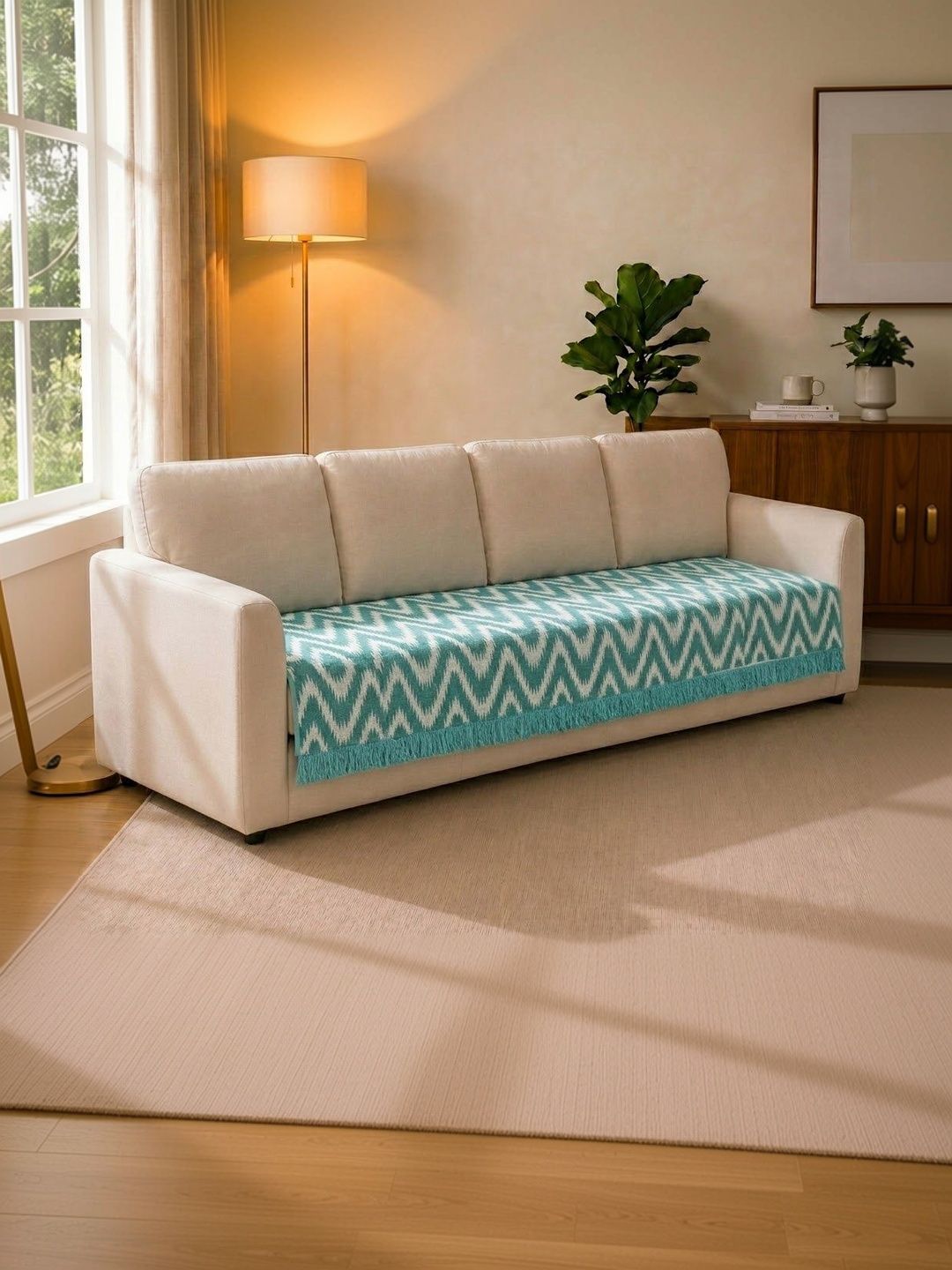 Saral Home Saral Home Teal Printed Cotton Blend 1 Piece Sofa Cover Without Arms