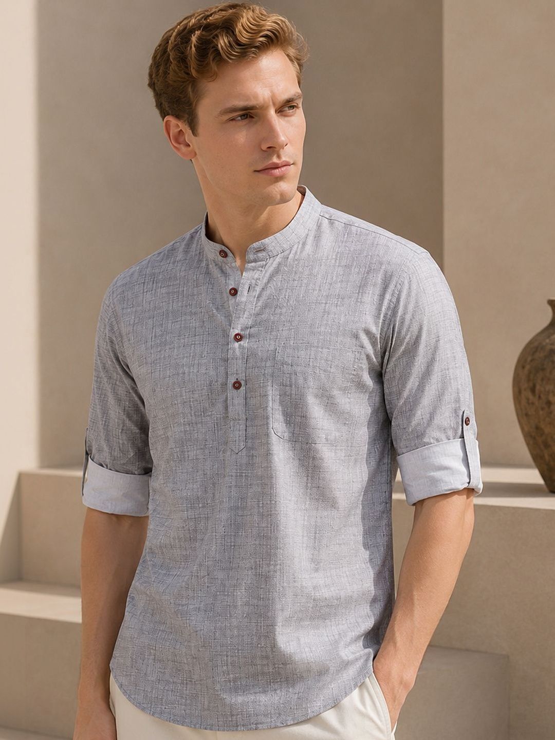 Hancock Band Collar Roll-Up Sleeves Cotton Straight Kurta