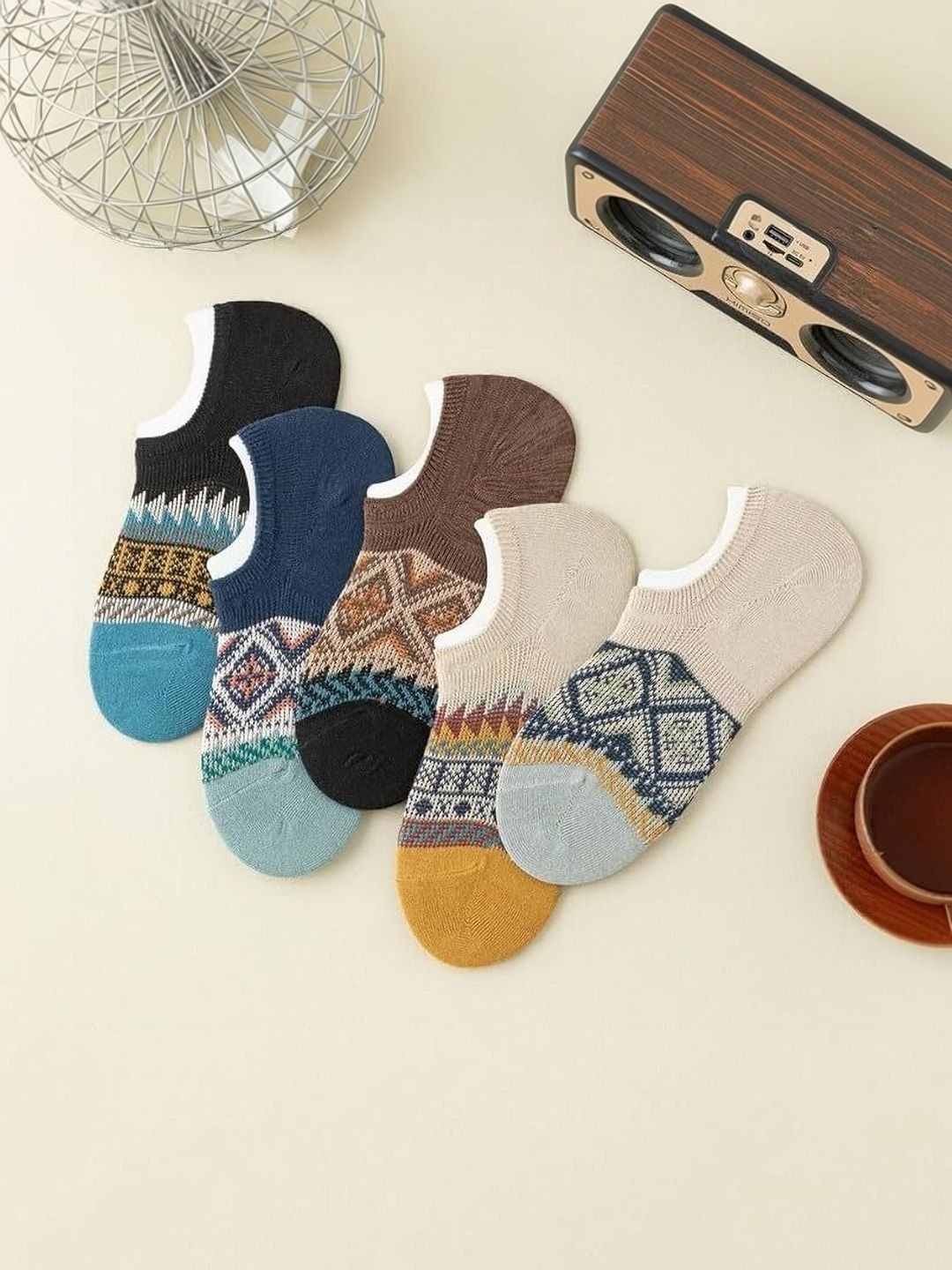 MERCEHIVE Men Pack of 5 Cotton Patterned Shoe Liners Socks