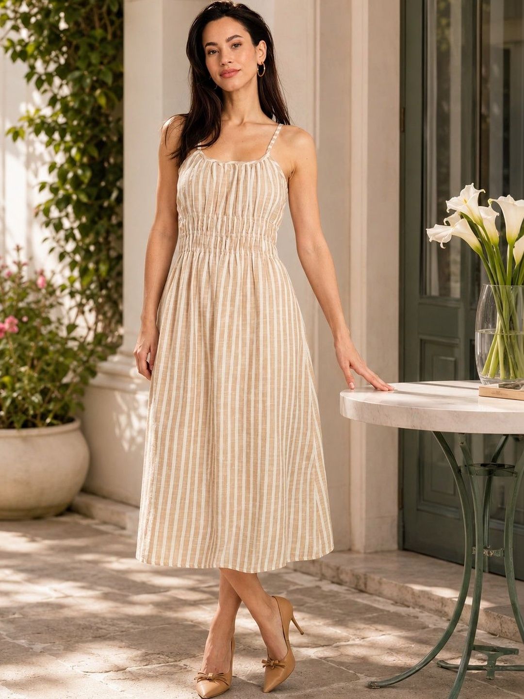 Striped A-Line Midi Dress Virgio Cotton Striped Midi Dress With Ruched Bodice