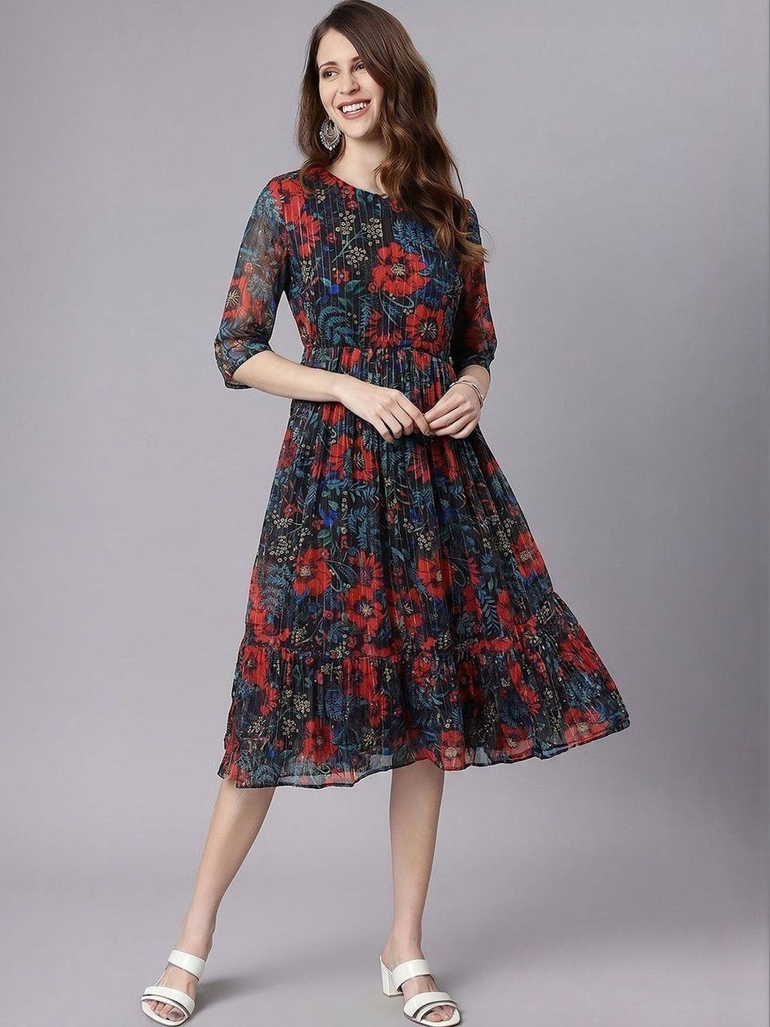 Janasya Ethnic Motifs Print Chiffon Empire Midi Dress