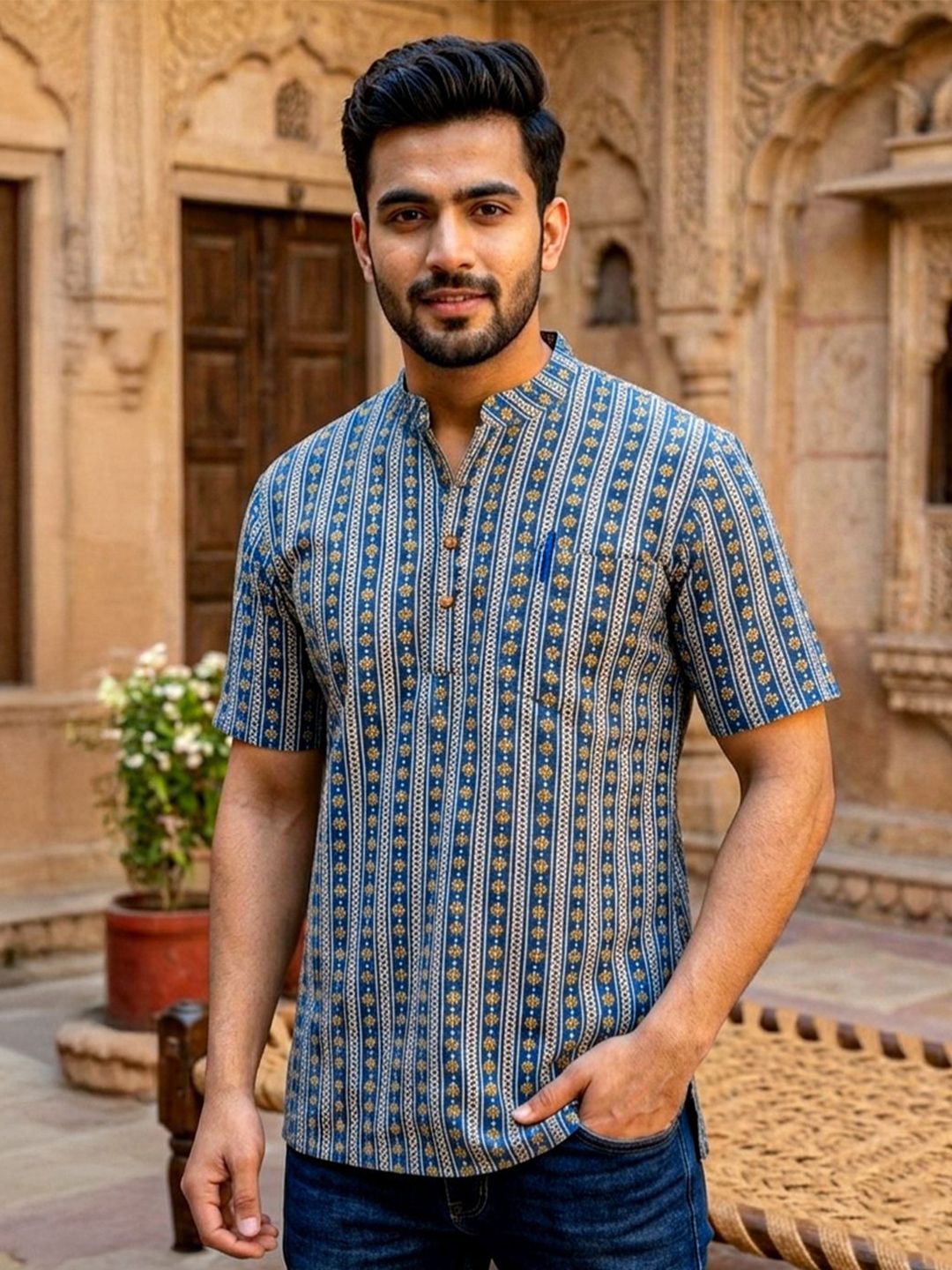 Avishya Men Ethnic Motifs Mandarin Collar Printed Pure Cotton Indie Prints Kurta