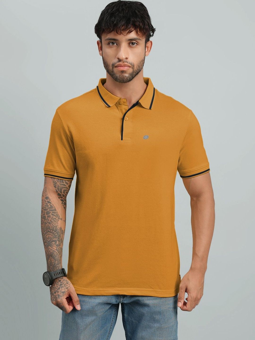 LUX NITRO Solid Cotton Blend Ribbed Sleeve Side Slit Polo T Shirt
