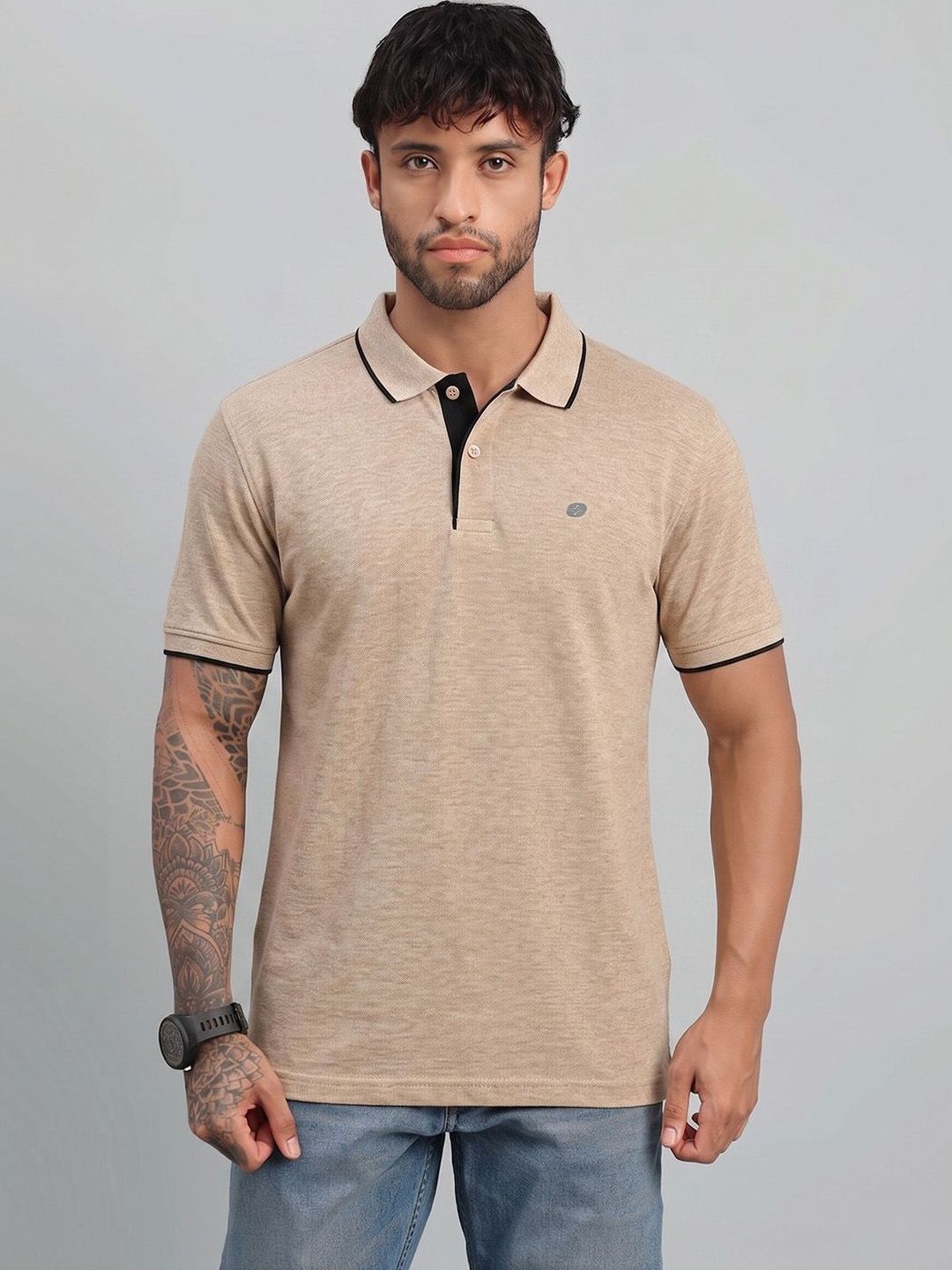 LUX NITRO Solid Cotton Blend Ribbed Sleeve Side Slit Polo T Shirt