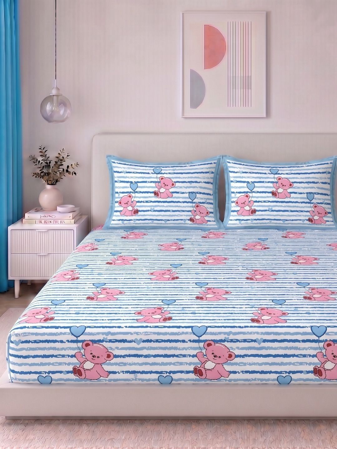 VAASINI Blue & Pink Cartoon Characters 210 TC Bedsheet with 2 Pillow Covers