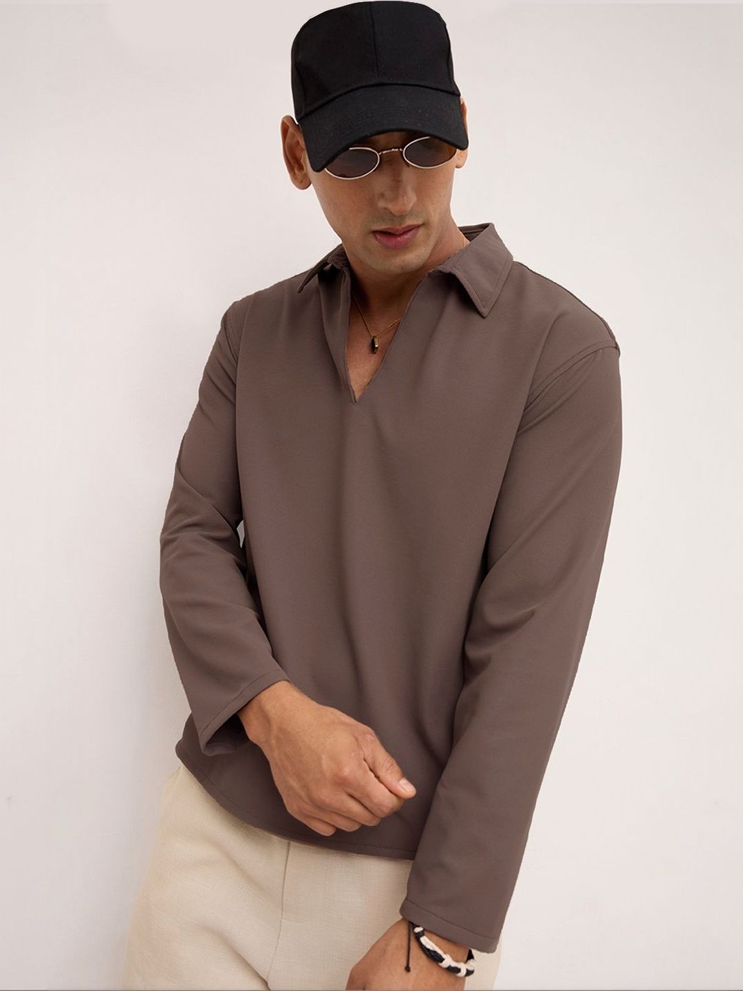 VASTRADO Saddle Brown Oversized Polo Tencel Knit Shirt