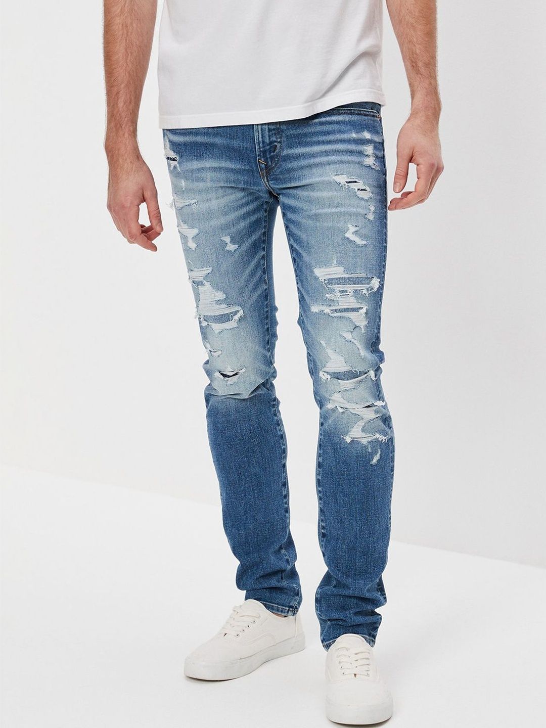 AMERICAN EAGLE OUTFITTERS American Eagle Men Blue AirFlex+ Patched Skinny Jeans