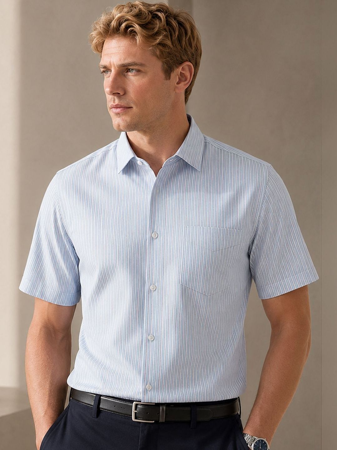 Hancock Men Striped Wrinkle Ressistant Slim Fit Oxford Weave Pure Cotton Formal Shirt