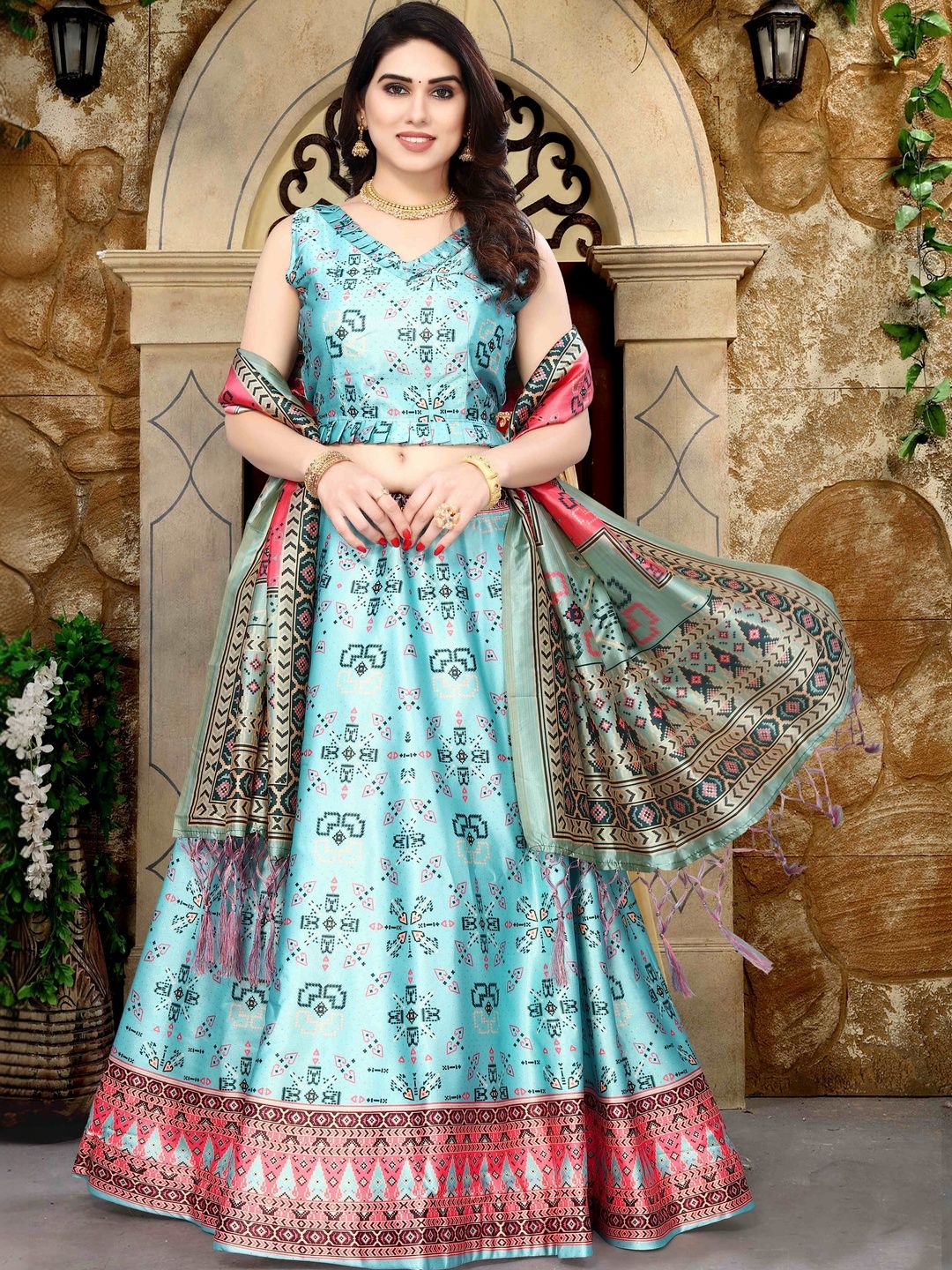 KAHIRAA WHOLETEX Printed Semi-Stitched Lehenga & Unstitched Blouse With Dupatta