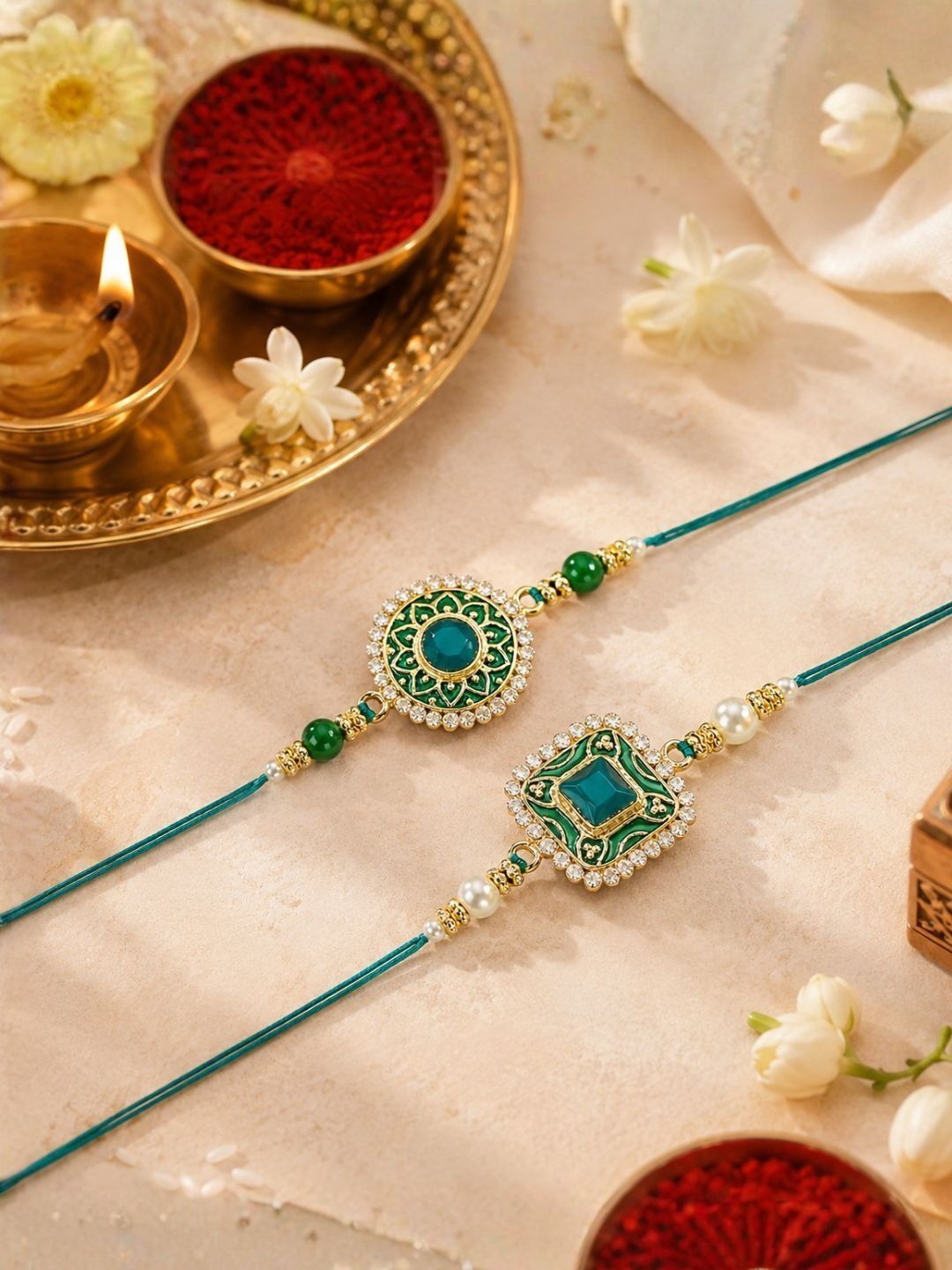 I Jewels Set of 2 Kundan Studded & Pearls Beaded Thread Rakhis With Roli Chawal