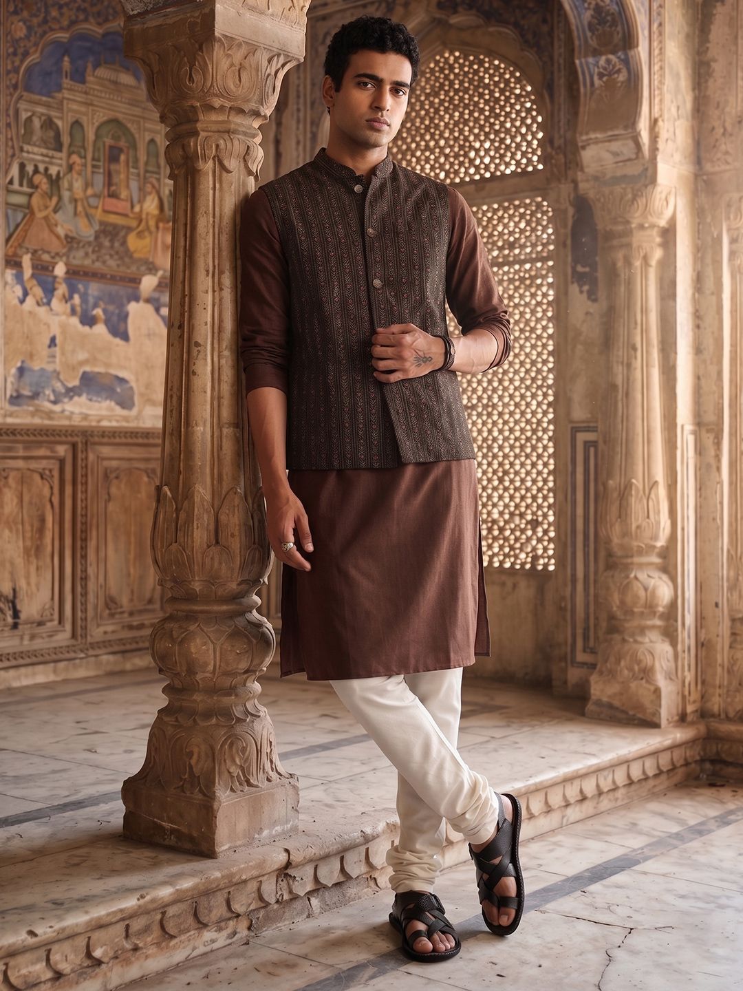 Taavi Ethnic Motifs Printed Mandarin Collar Gold Khari Nehru Jackets