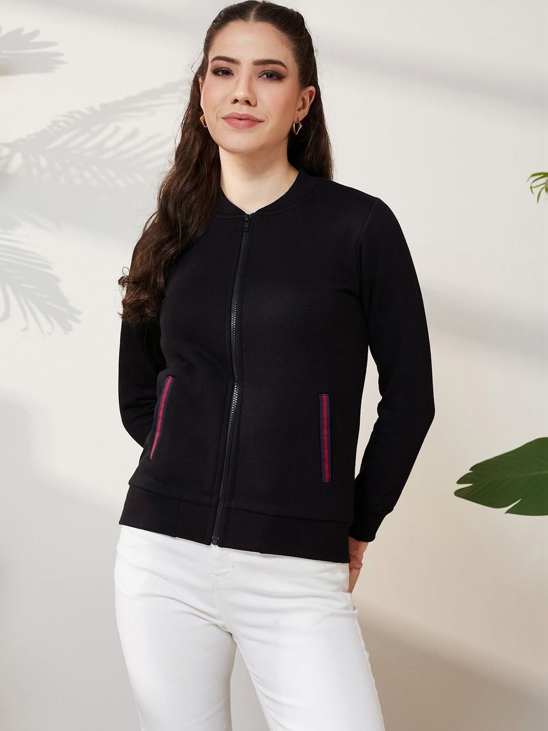 Miss Chase Miss Chase Women Round Neck Full Sleeve Cotton Solid Twill Tape Detailing Bomber Jacket