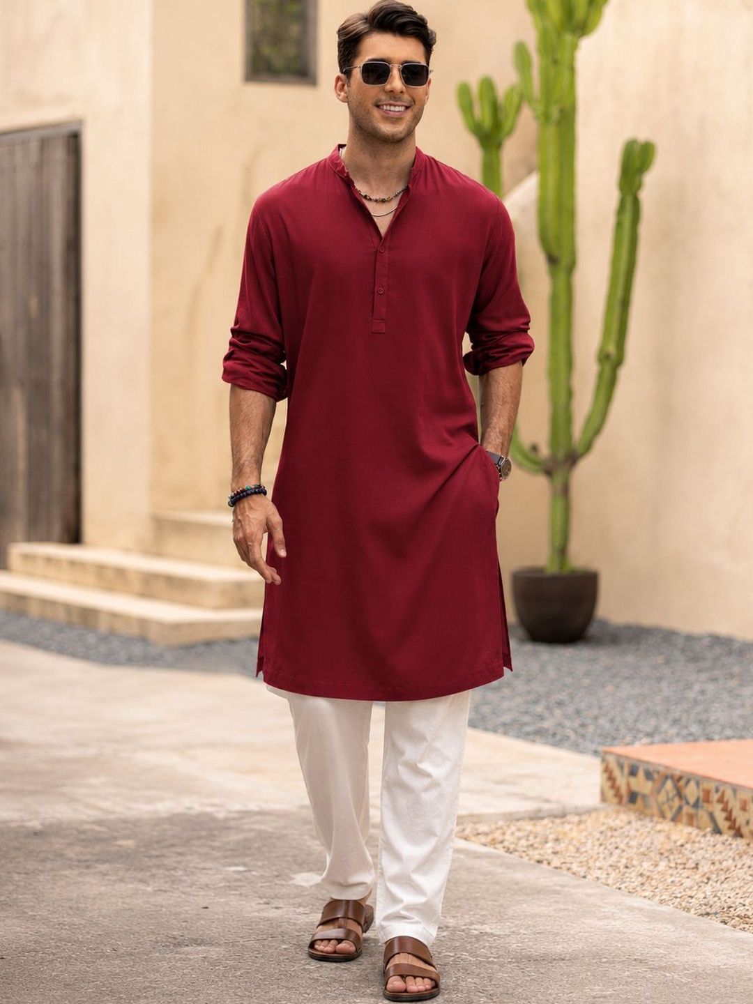 Anouk Men Pure Cotton Solid Knee Length Straight Kurta