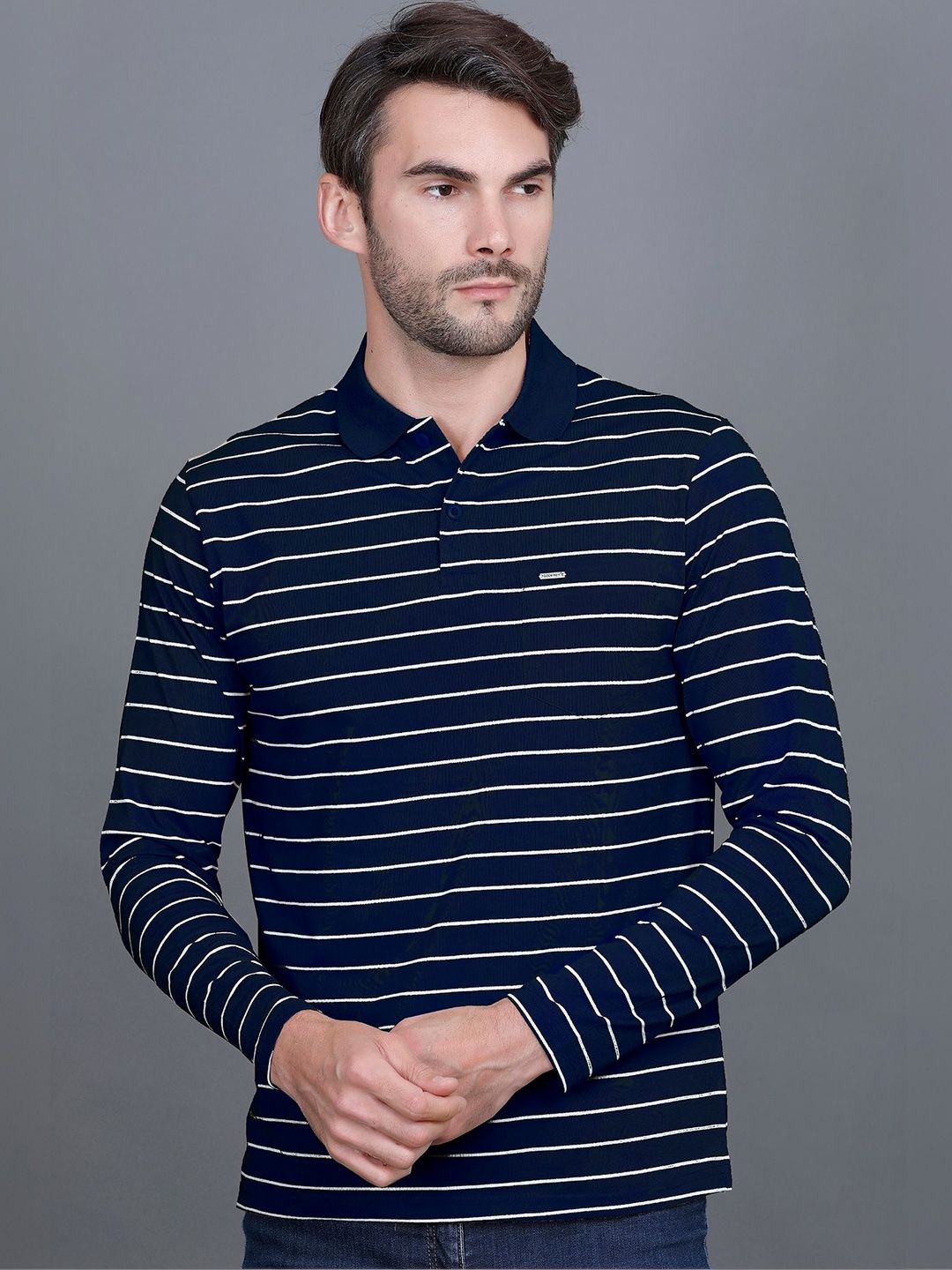 GODFREY Men Striped Polo Collar Cotton T-shirt
