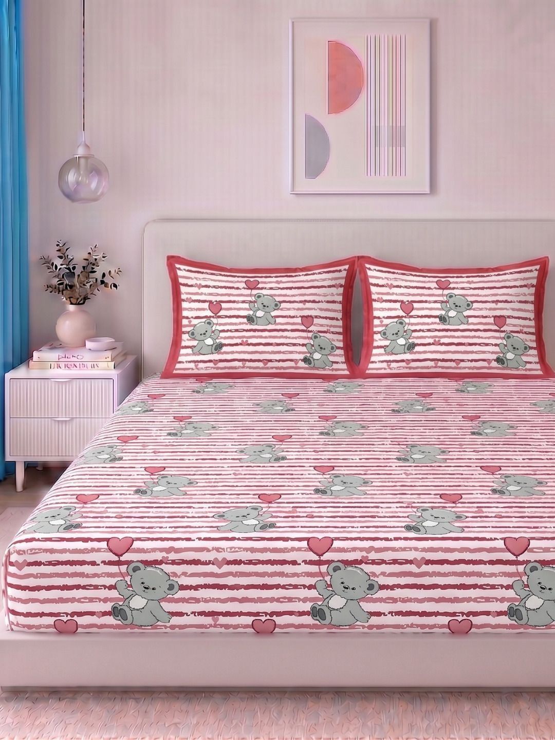 VAASINI Pink & Red Cartoon Characters 210 TC Bedsheet with 2 Pillow Covers