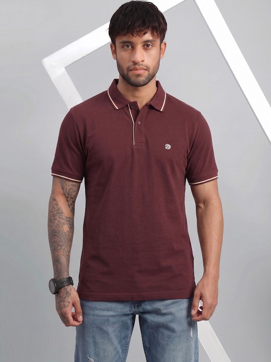 LUX NITRO Solid Cotton Blend Ribbed Sleeve Side Slit Polo T Shirt