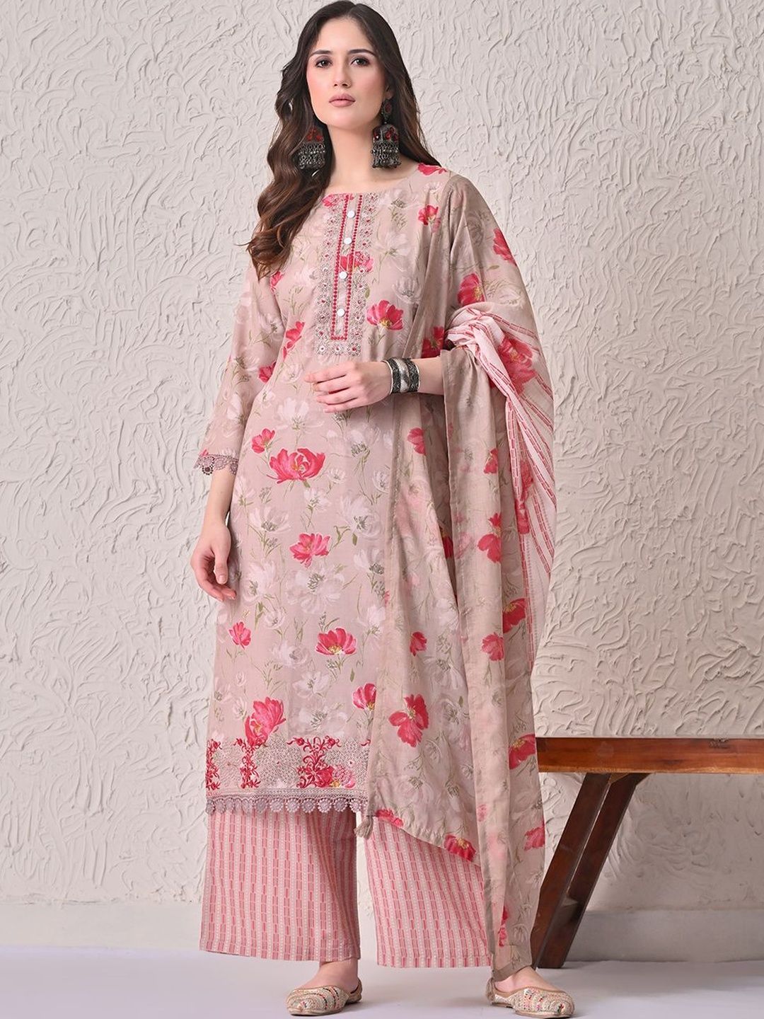 Women Printed Kurta with Palazzos With Dupatta Sabhyata Women Floral Printed Regular Thread Work Pure Cotton Kurta with Palazzos & With Dupatta