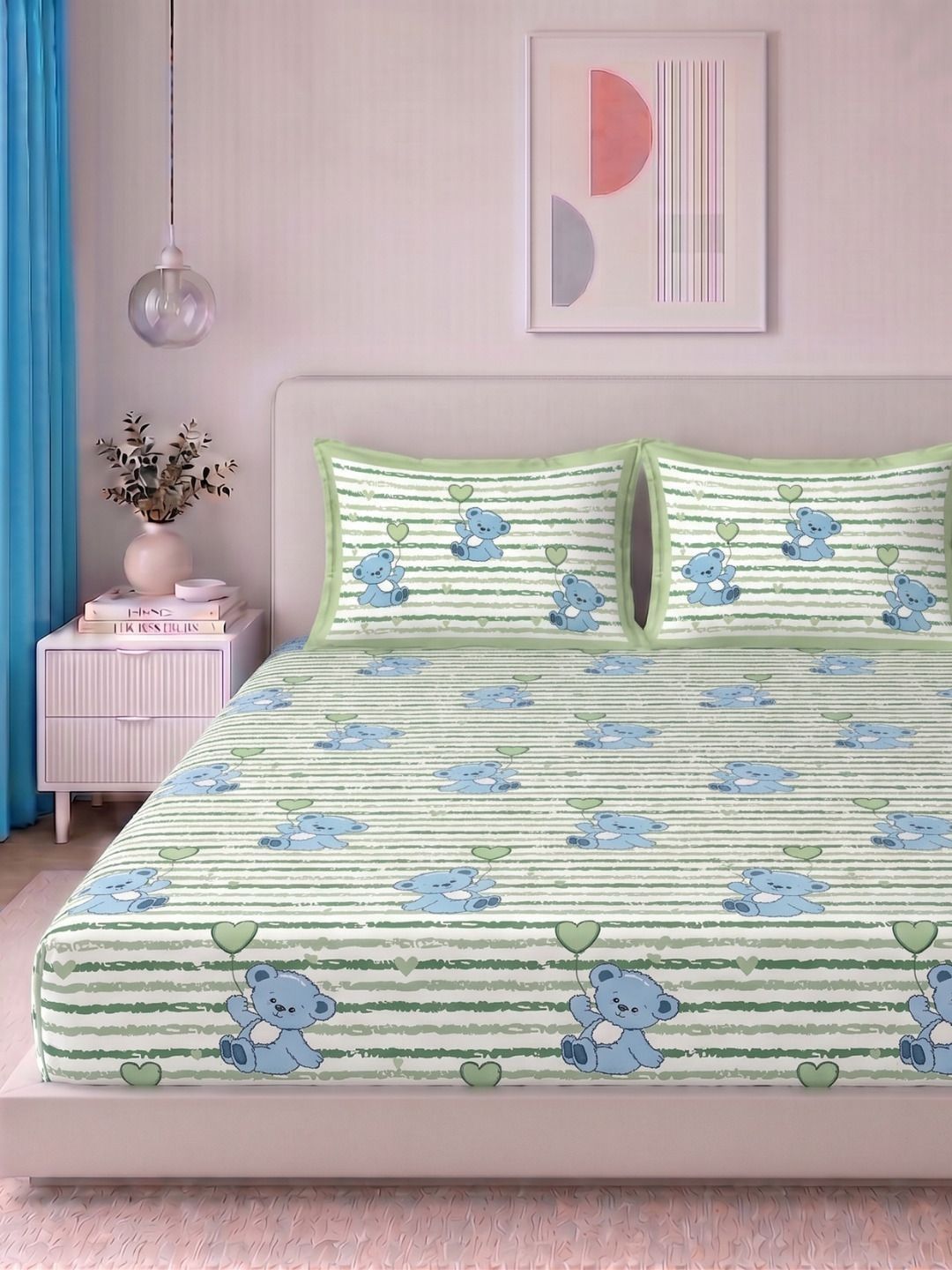 VAASINI VAASINI Green Cartoon Characters 210 TC Bedsheet with 2 Pillow Covers