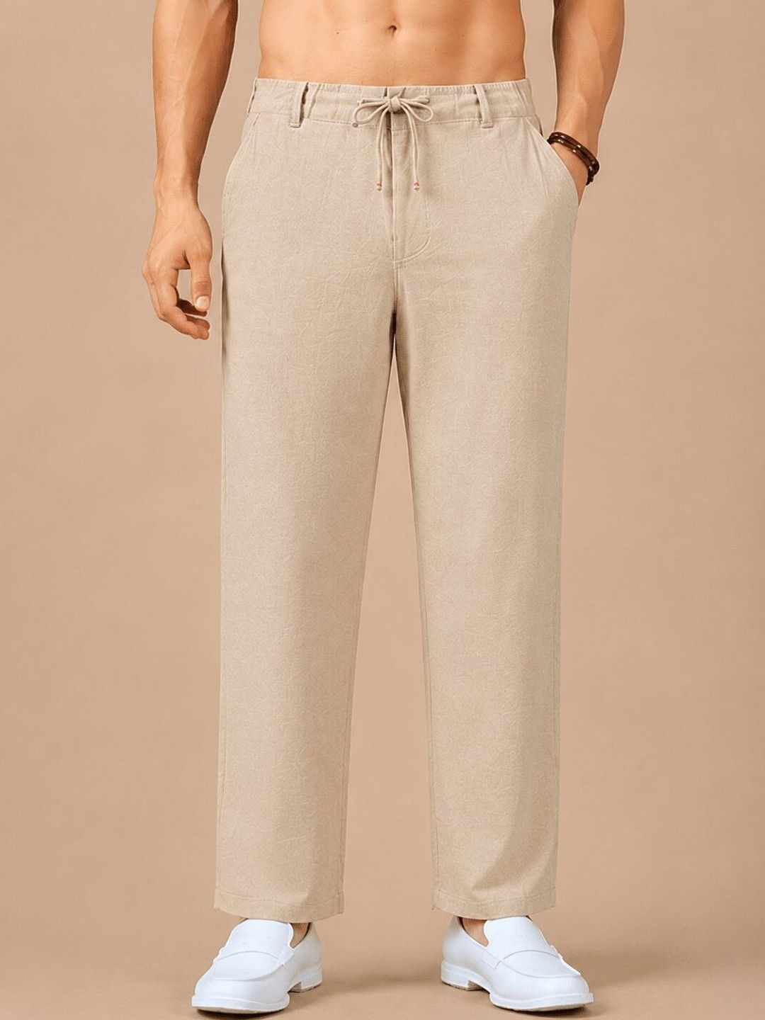 The Roadster Lifestyle Co. Men Linen Natural Relaxed-Fit Regular Trousers