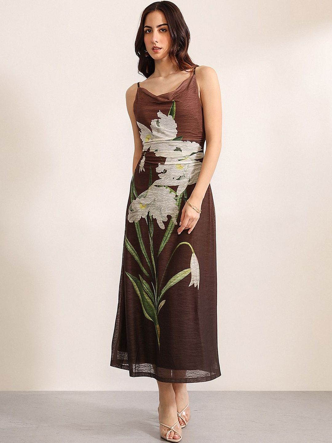 Floral Print A-Line Midi Cowl Neck Dress Kazo Floral Print Cowl Neck A-Line Midi Dress
